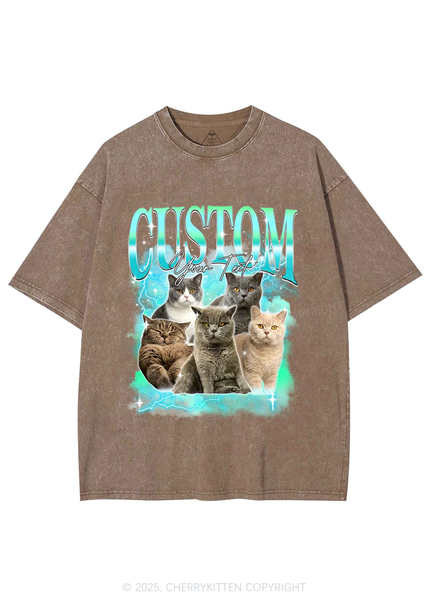 Custom Neon Lightning Cat Photo Y2K Shirts Washed Tee Cherrykitten - Image 7
