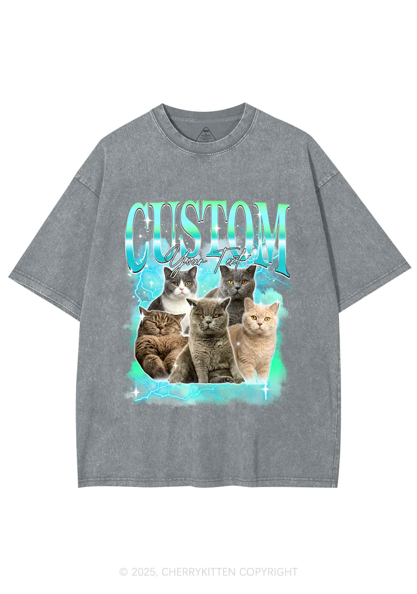 Custom Neon Lightning Cat Photo Y2K Shirts Washed Tee Cherrykitten - Image 8