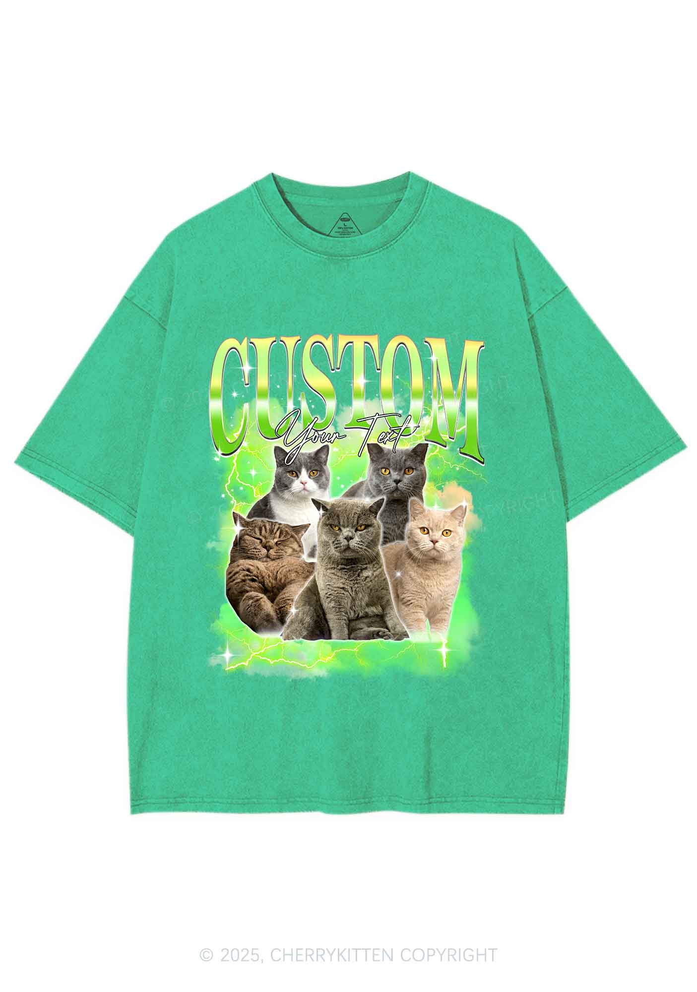 Custom Neon Lightning Cat Photo Y2K Shirts Washed Tee Cherrykitten - Image 9