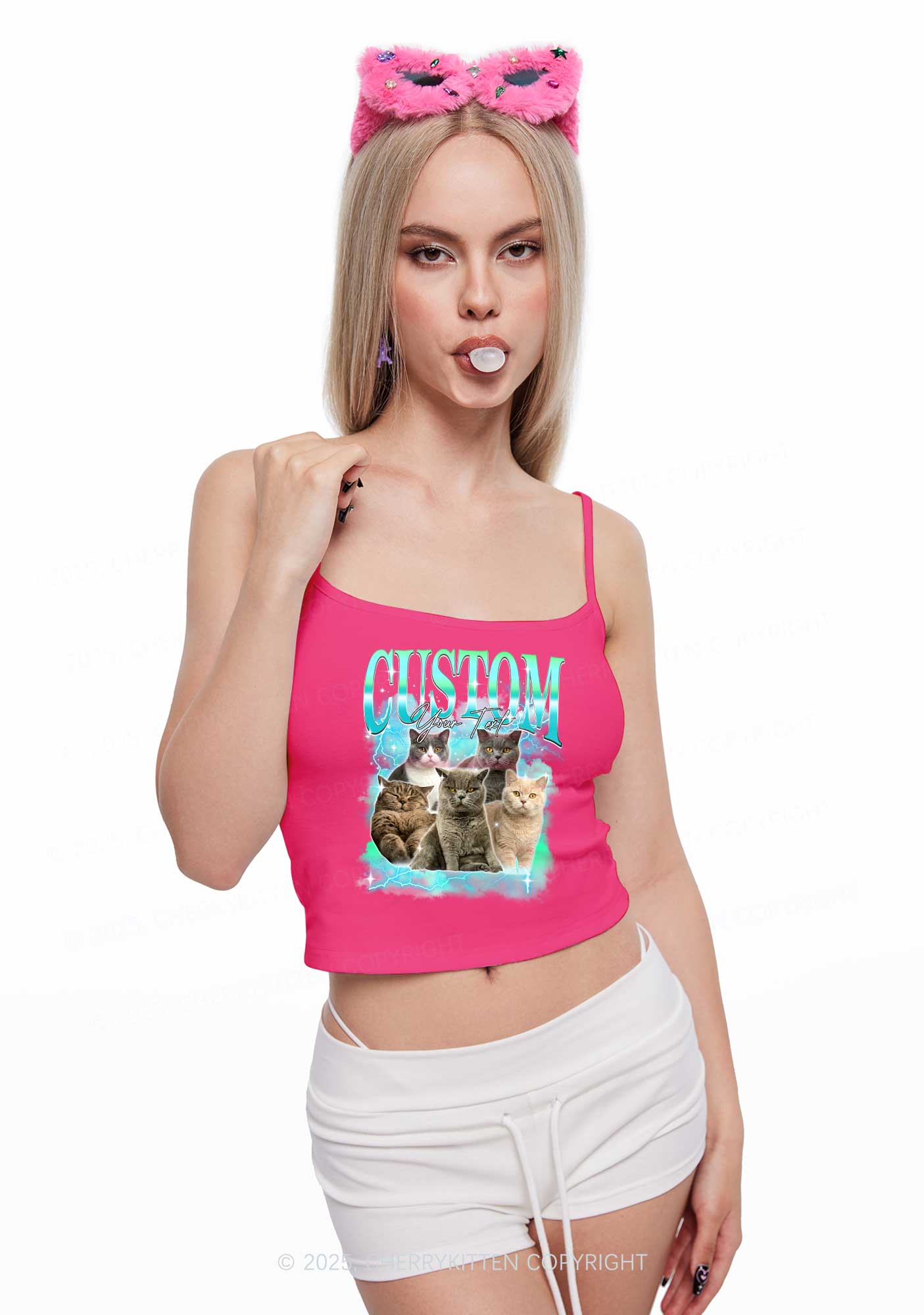 Custom Neon Lightning Cat Photo Y2K Spaghetti Strap Cami Cherrykitten - Image 3