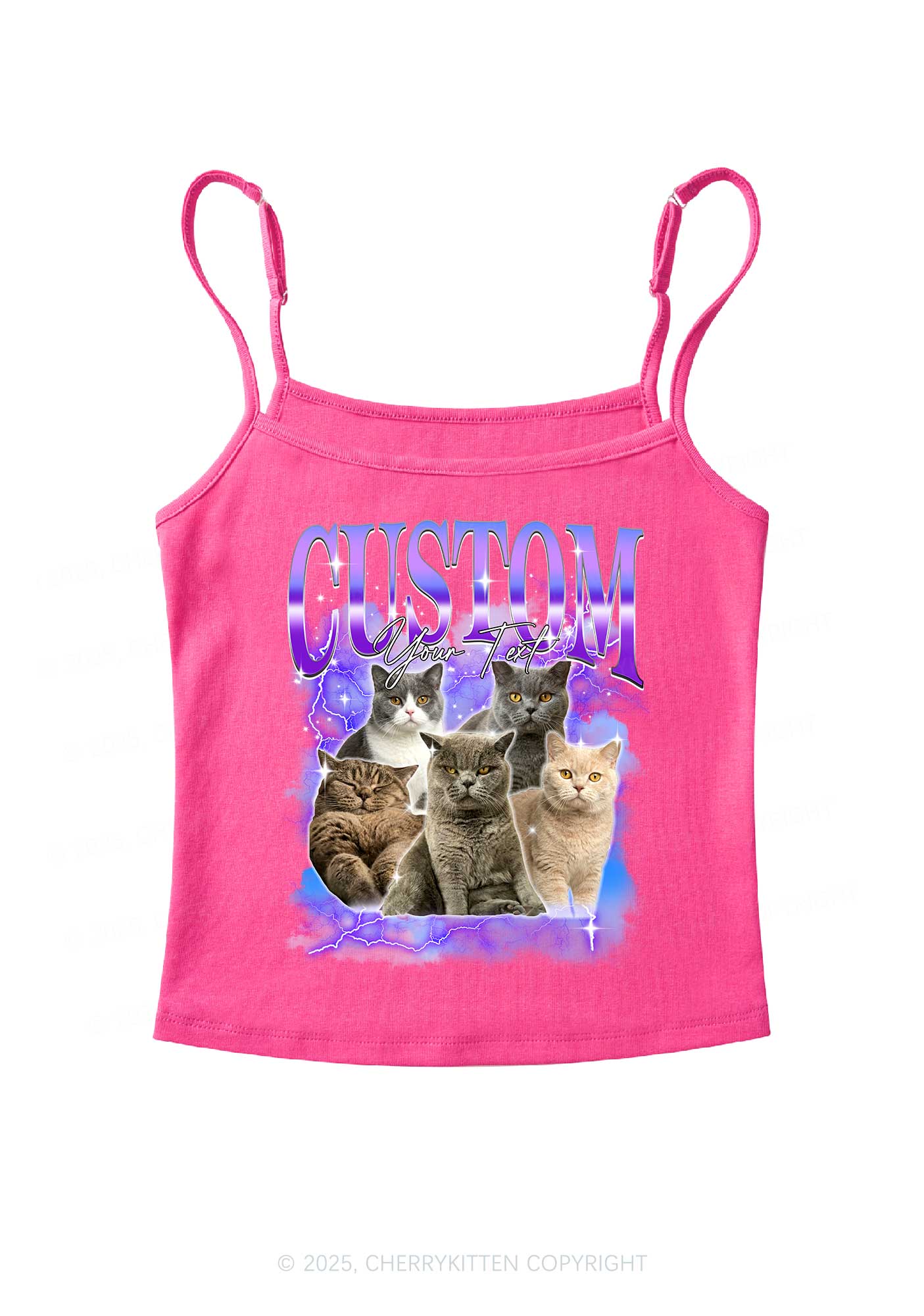 Custom Neon Lightning Cat Photo Y2K Spaghetti Strap Cami Cherrykitten - Image 5