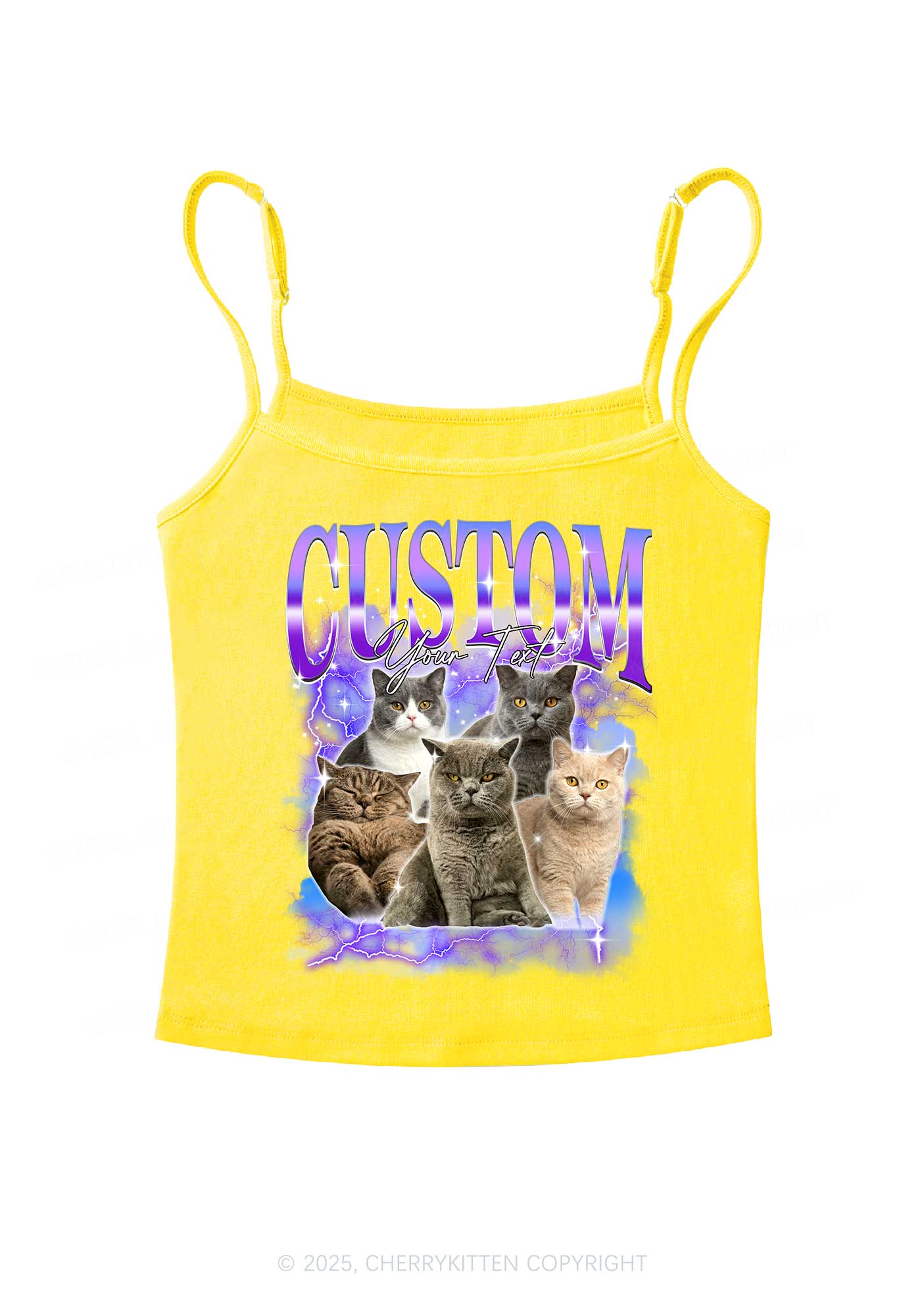 Custom Neon Lightning Cat Photo Y2K Spaghetti Strap Cami Cherrykitten - Image 7