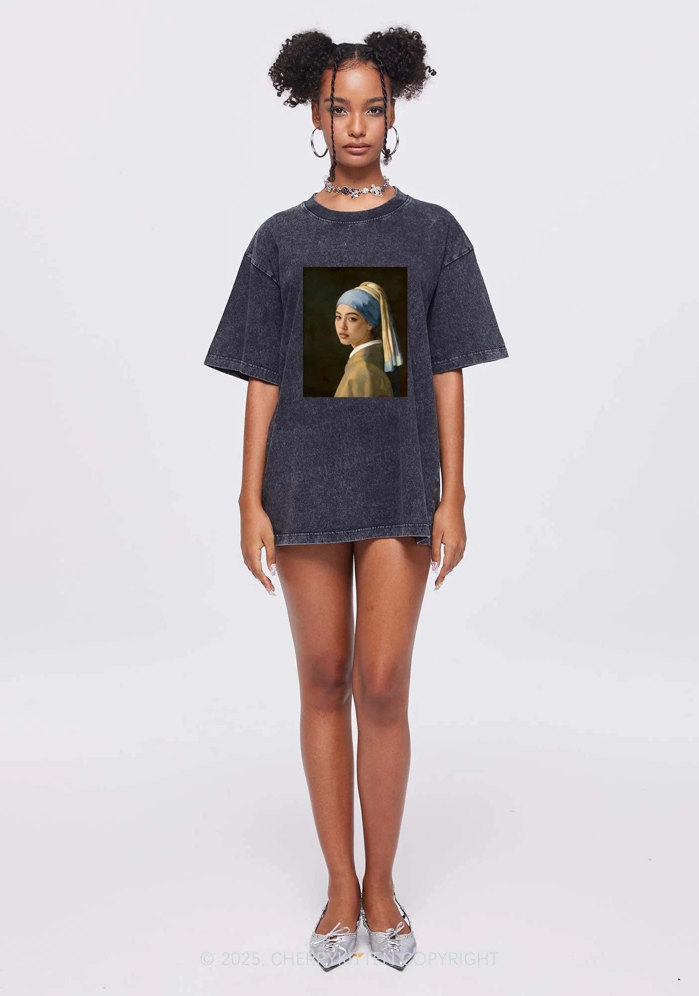 Custom Pearl Portrait Y2K Shirts Washed Tee Cherrykitten - Image 2