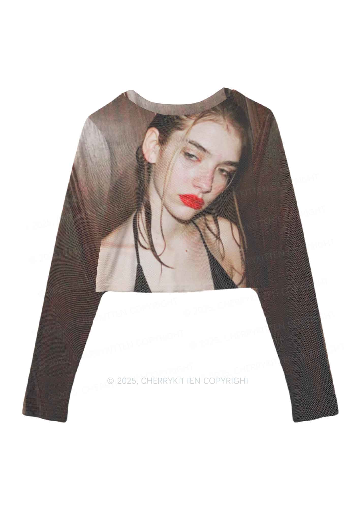 Custom Personalized Photo Y2K Mesh Long Sleeve Crop Top Cherrykitten - Image 3