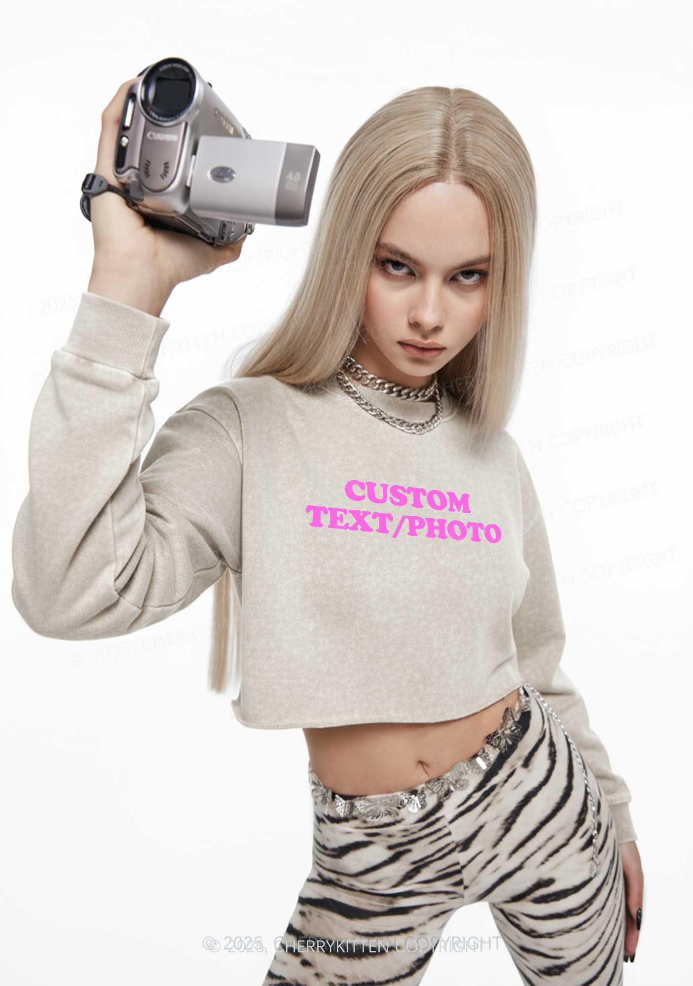 Custom Personalized Text Y2K Crop Washed Sweatshirts Cherrykitten - Image 4