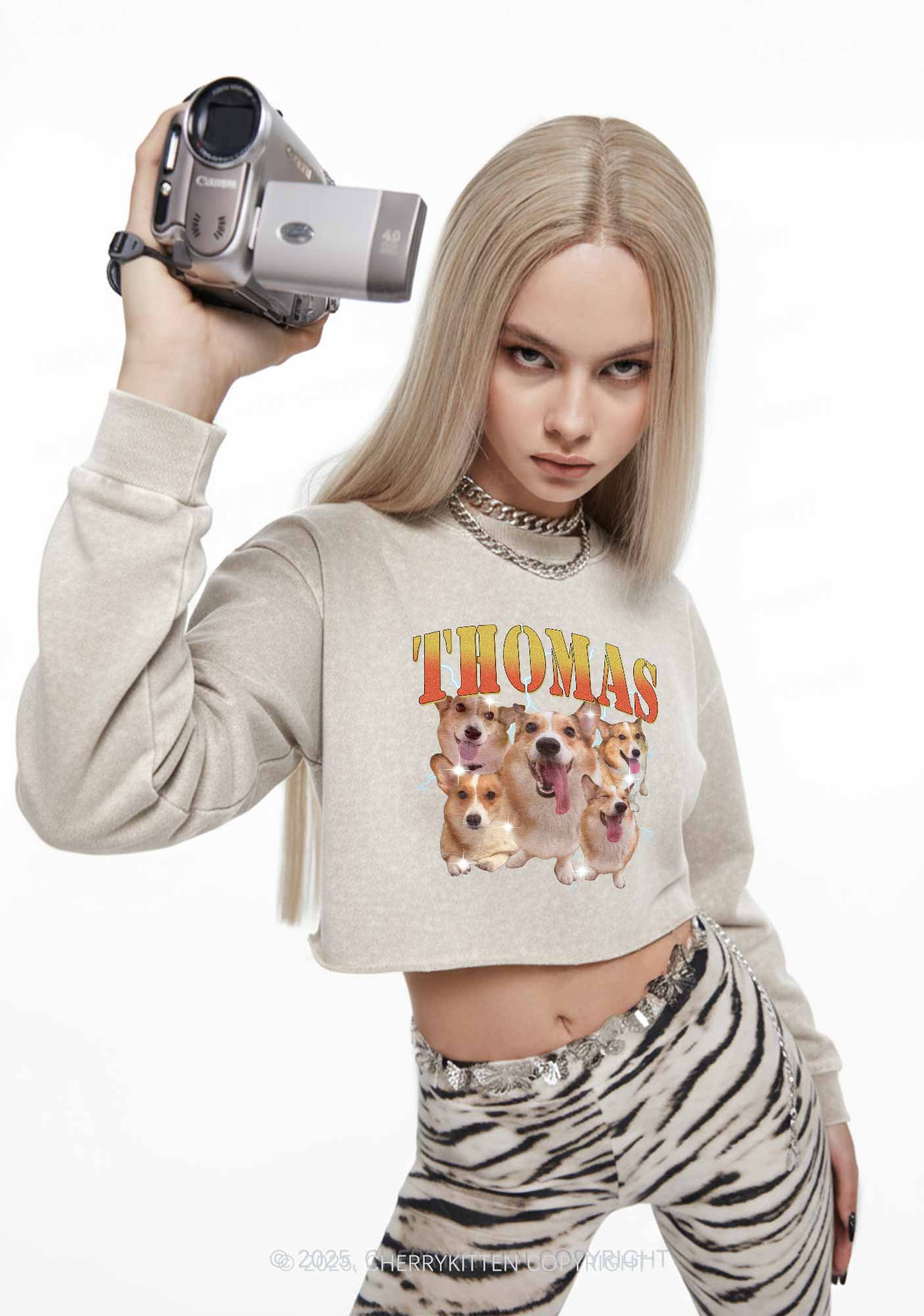 Custom Pet Photo Y2K Crop Washed Sweatshirts Cherrykitten - Image 2