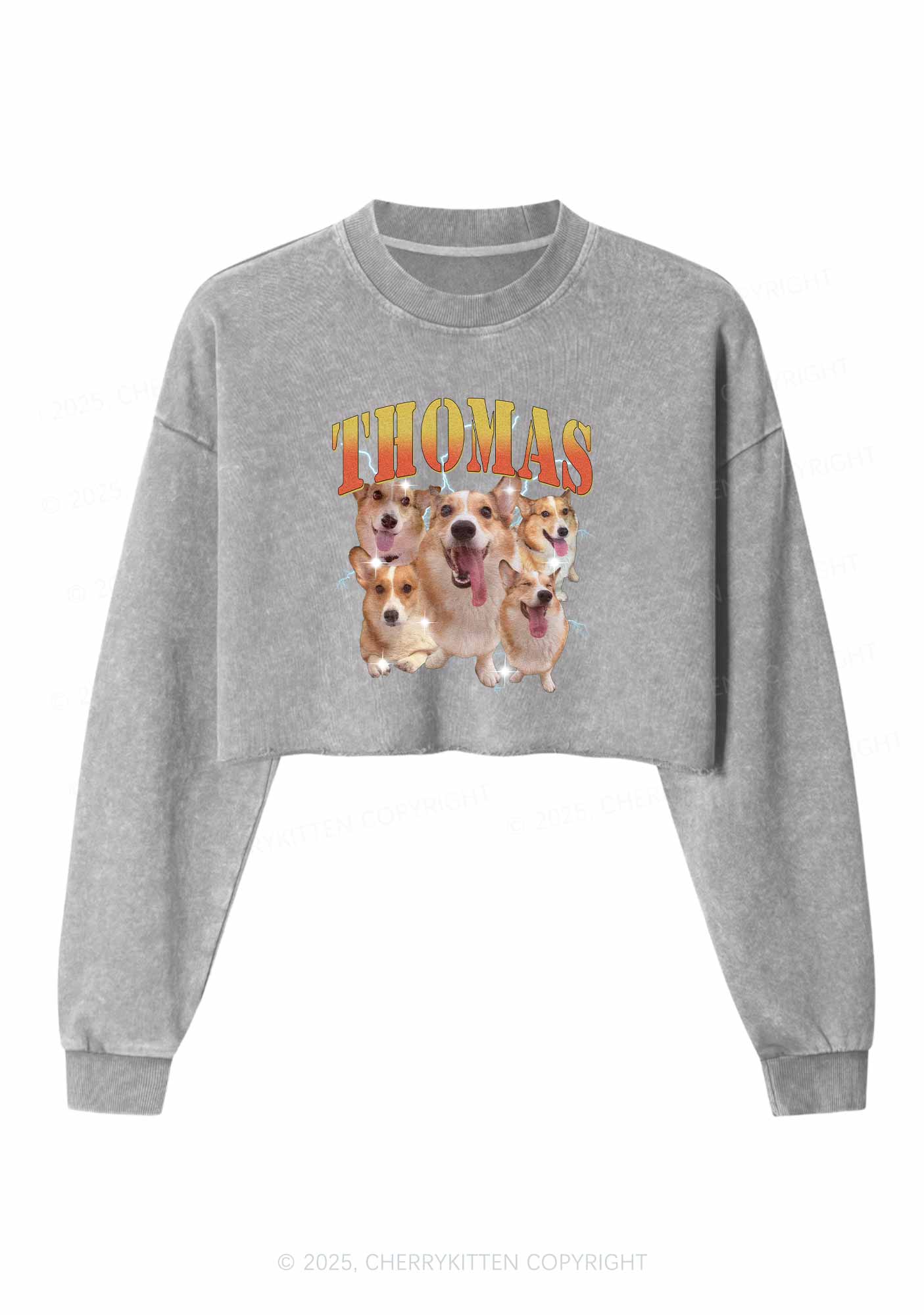 Custom Pet Photo Y2K Crop Washed Sweatshirts Cherrykitten - Image 5