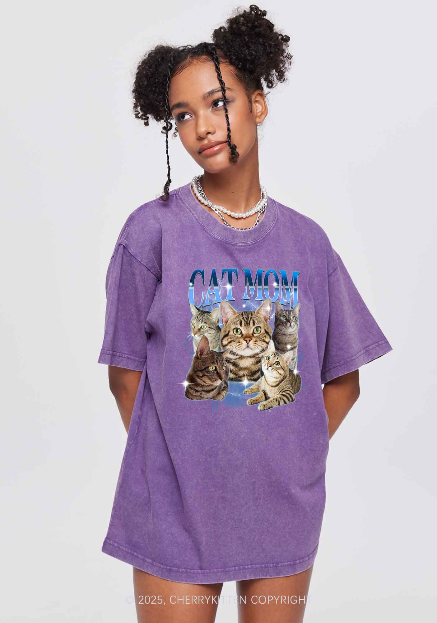 Custom Photo Cat Mom Y2K Shirts Washed Tee Cherrykitten - Image 2