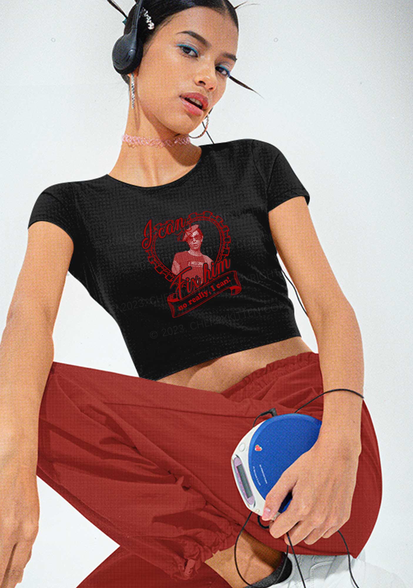 Custom Photo I Can Fix Him Y2K Baby Tee Cherrykitten - Image 2
