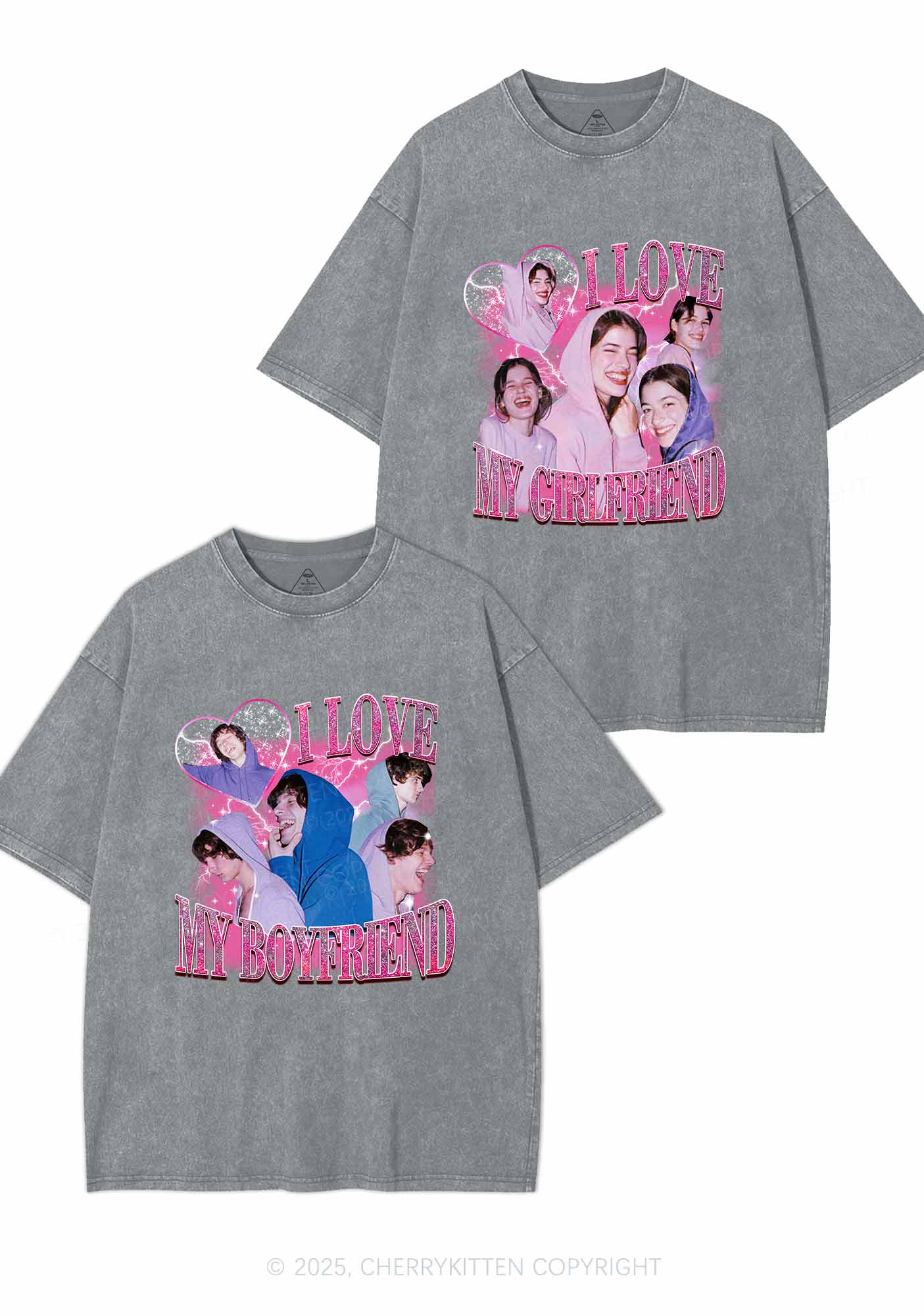 Custom Photos I Love GF BF Y2K Valentine's Day Washed Tee Cherrykitten - Image 6