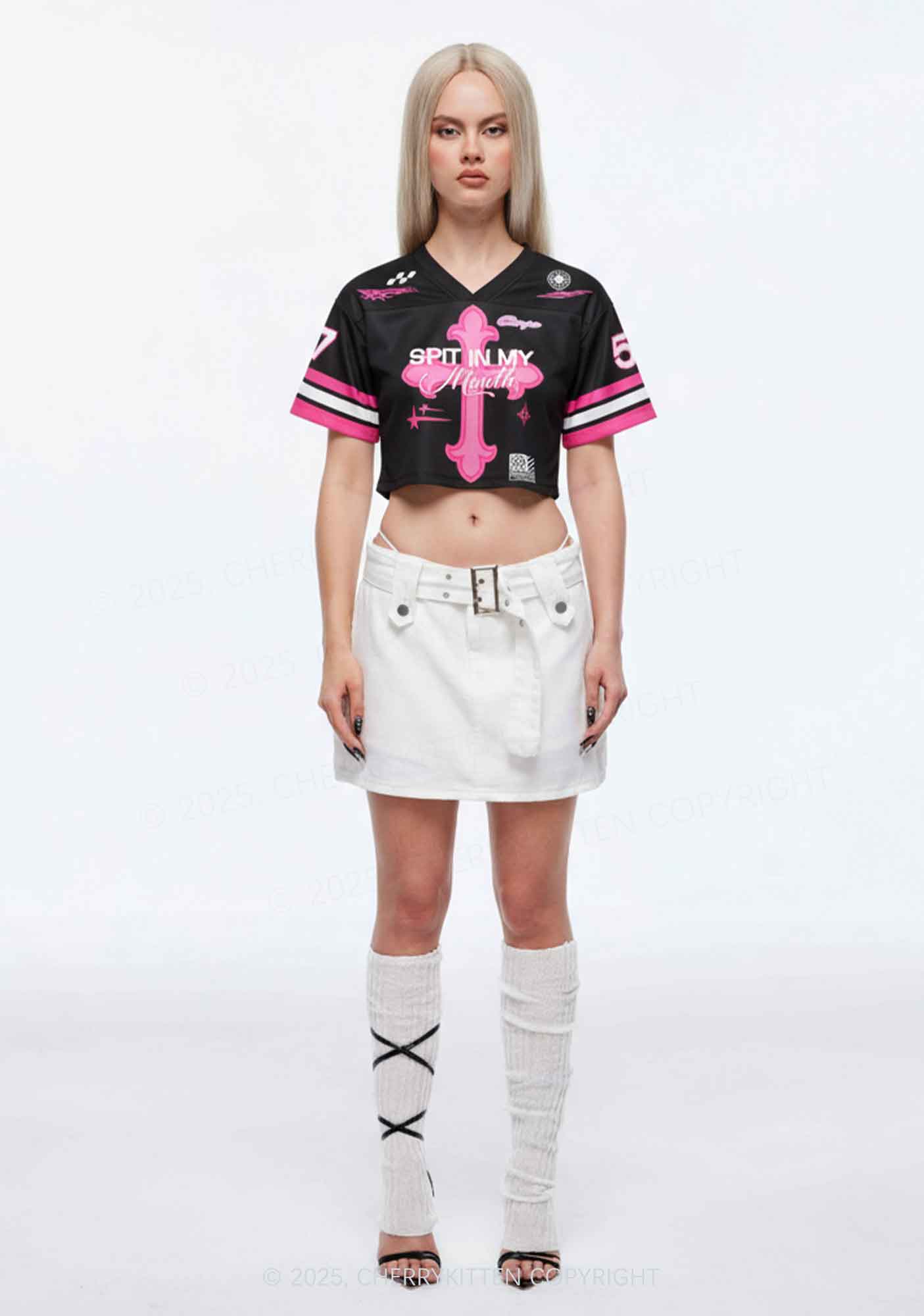 Custom Pink Cross Y2K Crop Sport Jersey Shirts Cherrykitten - Image 2