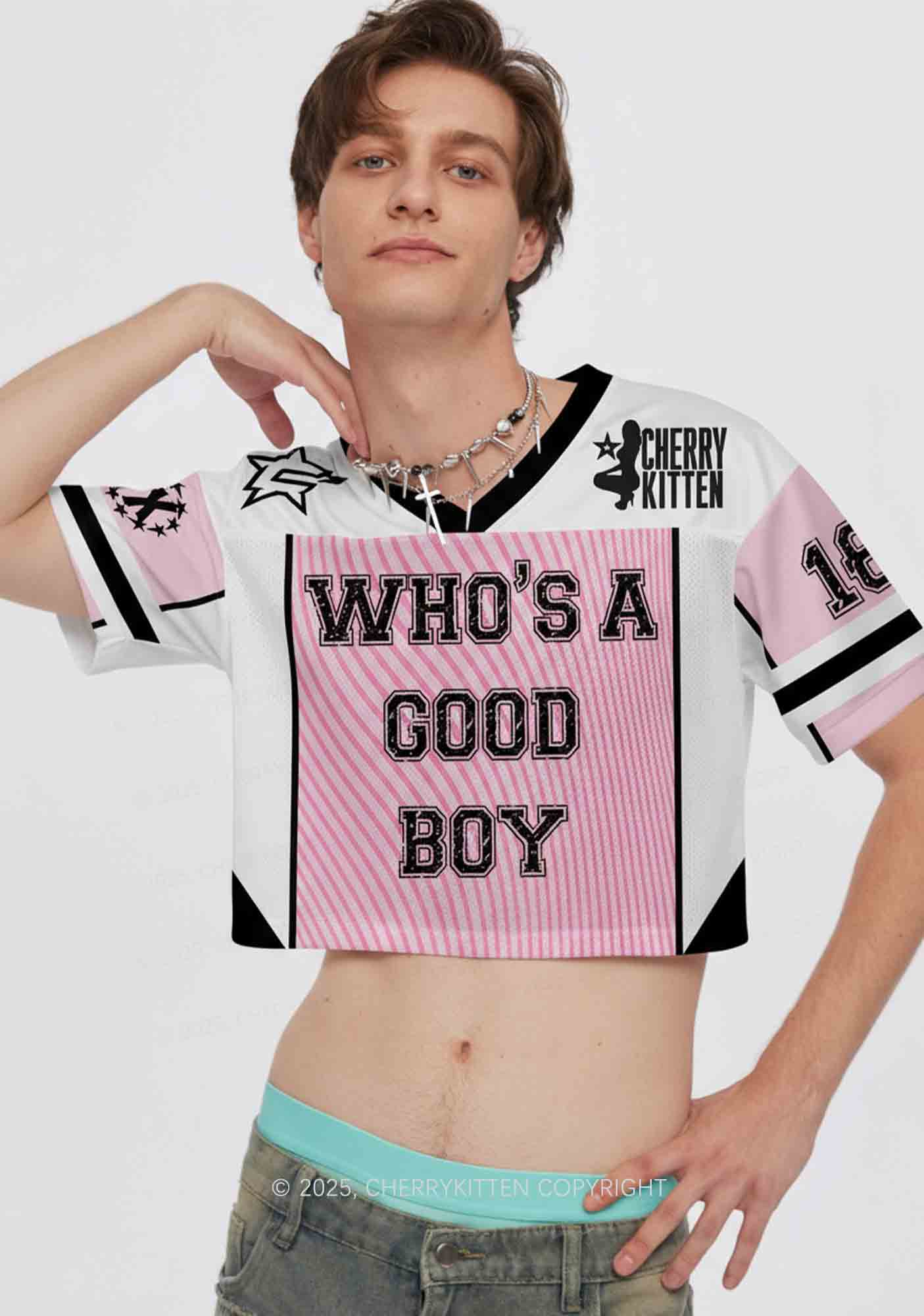 Custom Pink Whos A Good Boy Y2K Crop Sport Jersey Shirts Cherrykitten - Image 2
