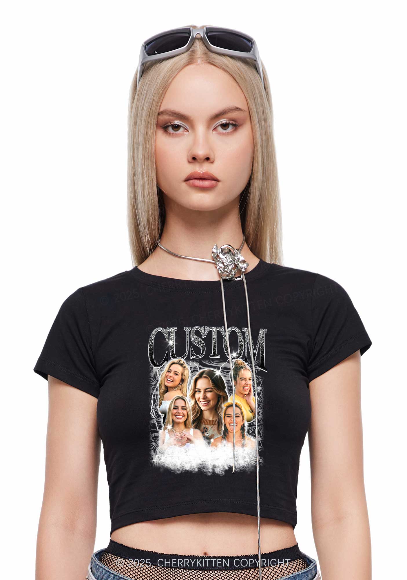 Custom Portrait Glitter Text Y2K Baby Tee Cherrykitten - Image 3