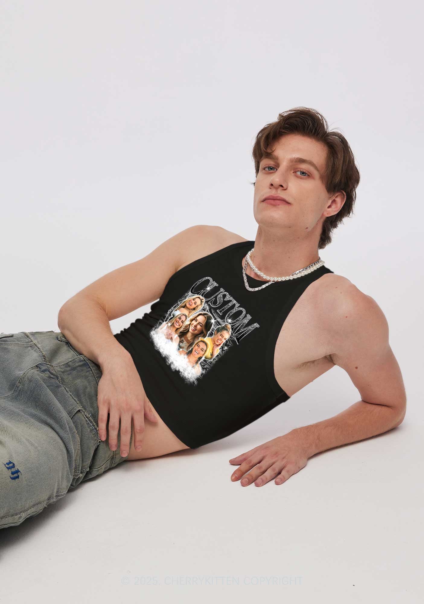 Custom Portrait Glitter Text Y2K Crop Tank Top Cherrykitten - Image 3