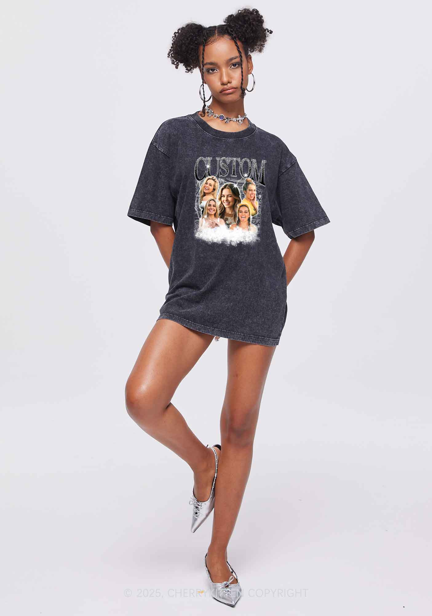 Custom Portrait Glitter Text Y2K Shirts Washed Tee Cherrykitten - Image 3