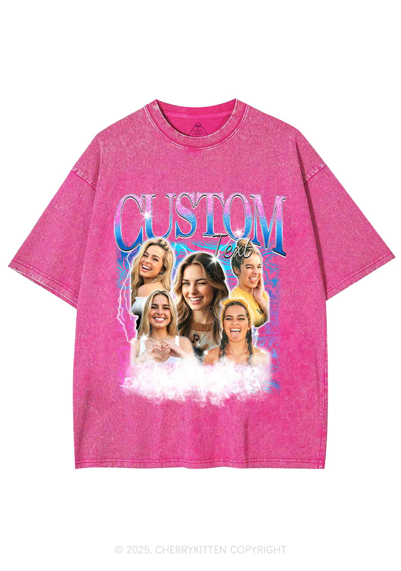 Custom Portrait Glitter Text Y2K Shirts Washed Tee Cherrykitten - Image 4