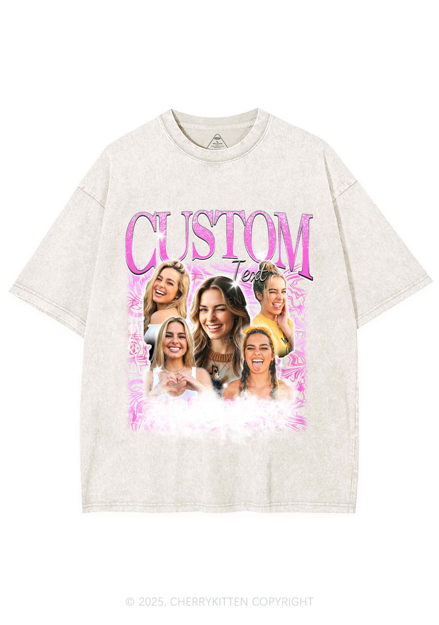 Custom Portrait Glitter Text Y2K Shirts Washed Tee Cherrykitten - Image 7