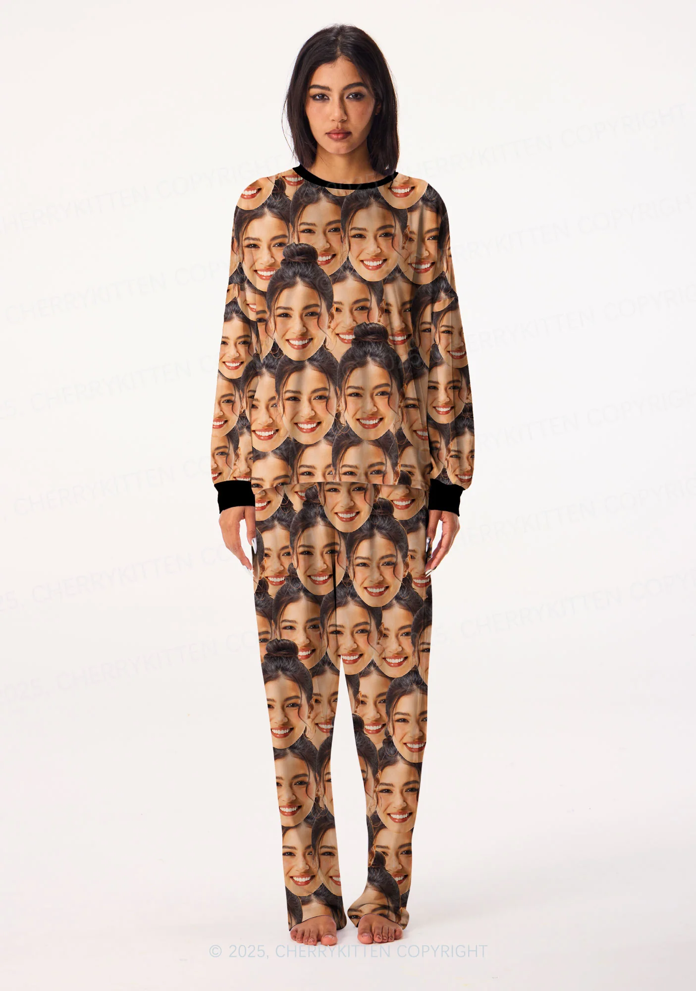 Custom Portrait Valentine's Day Y2K Print Long Sleeve Pajama Set Cherrykitten - Image 3