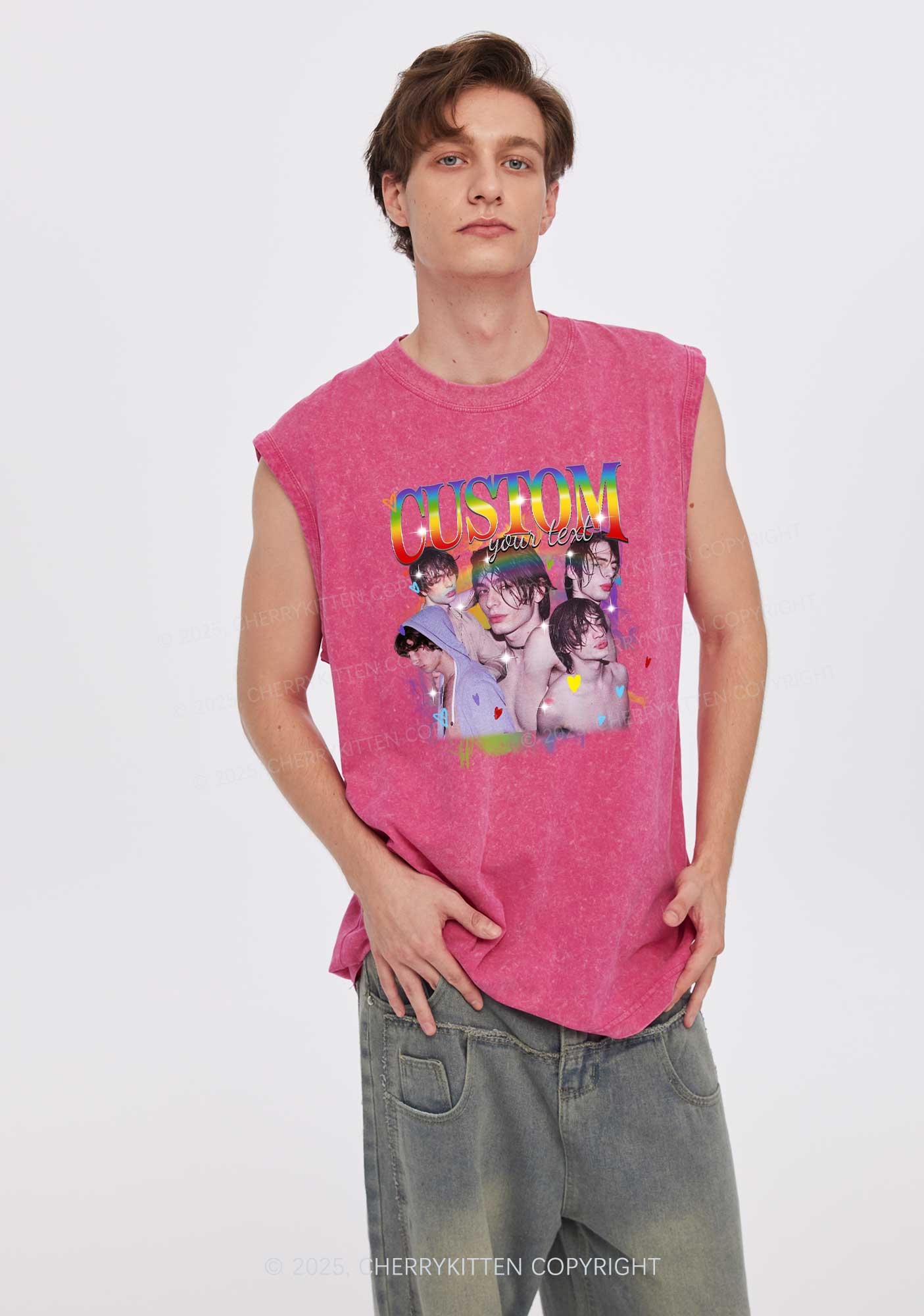 Custom Rainbow Text Pride Y2K Washed Muscle Tank Cherrykitten - Image 2