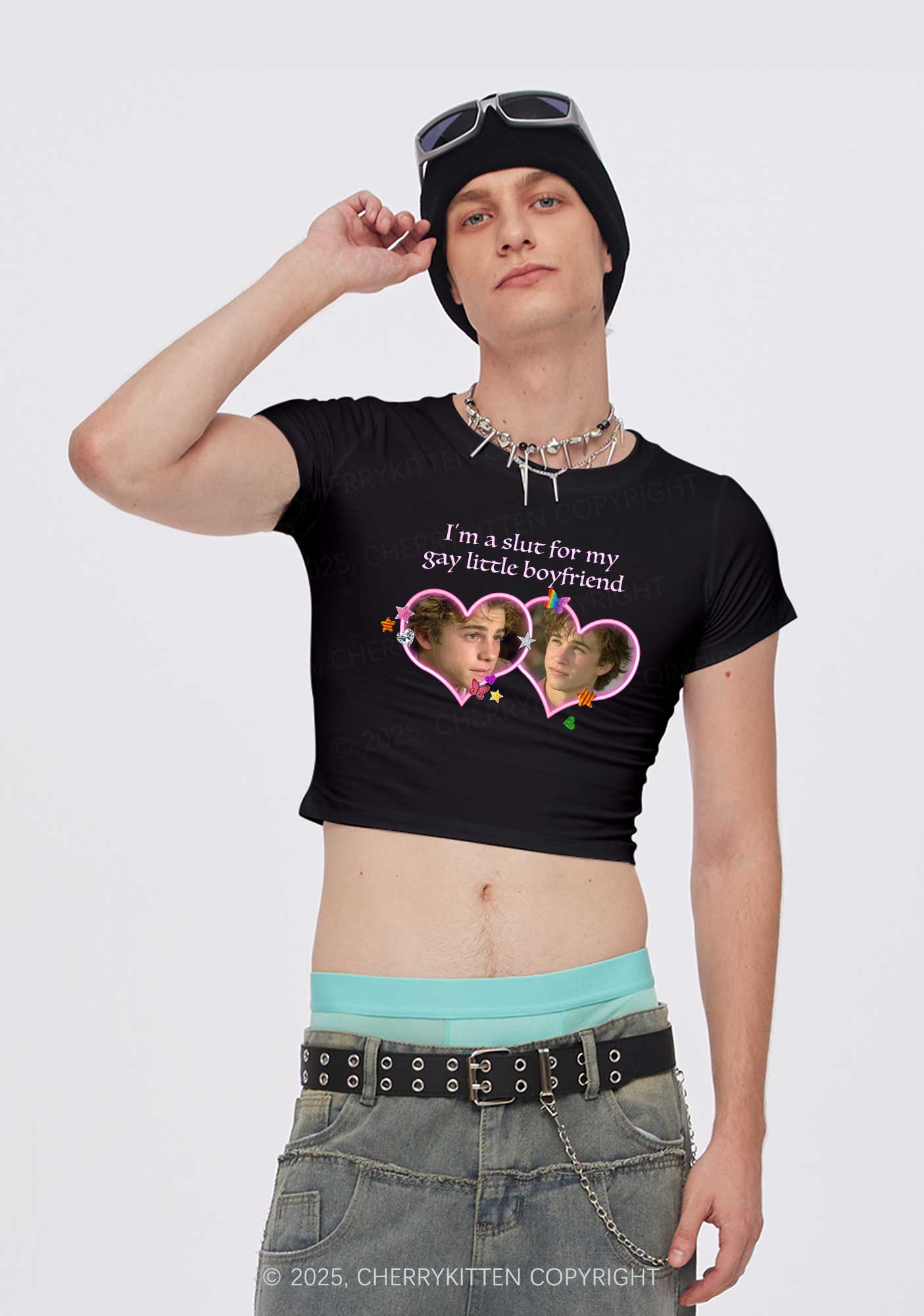Custom Slxt Gay BF Photo Y2K Baby Tee Cherrykitten - Image 2