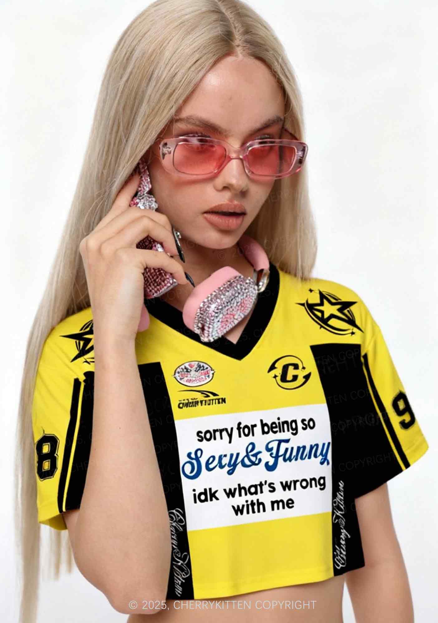 Custom Sorry For Being So Funny Y2K Crop Sport Jersey Shirts Cherrykitten - Image 2