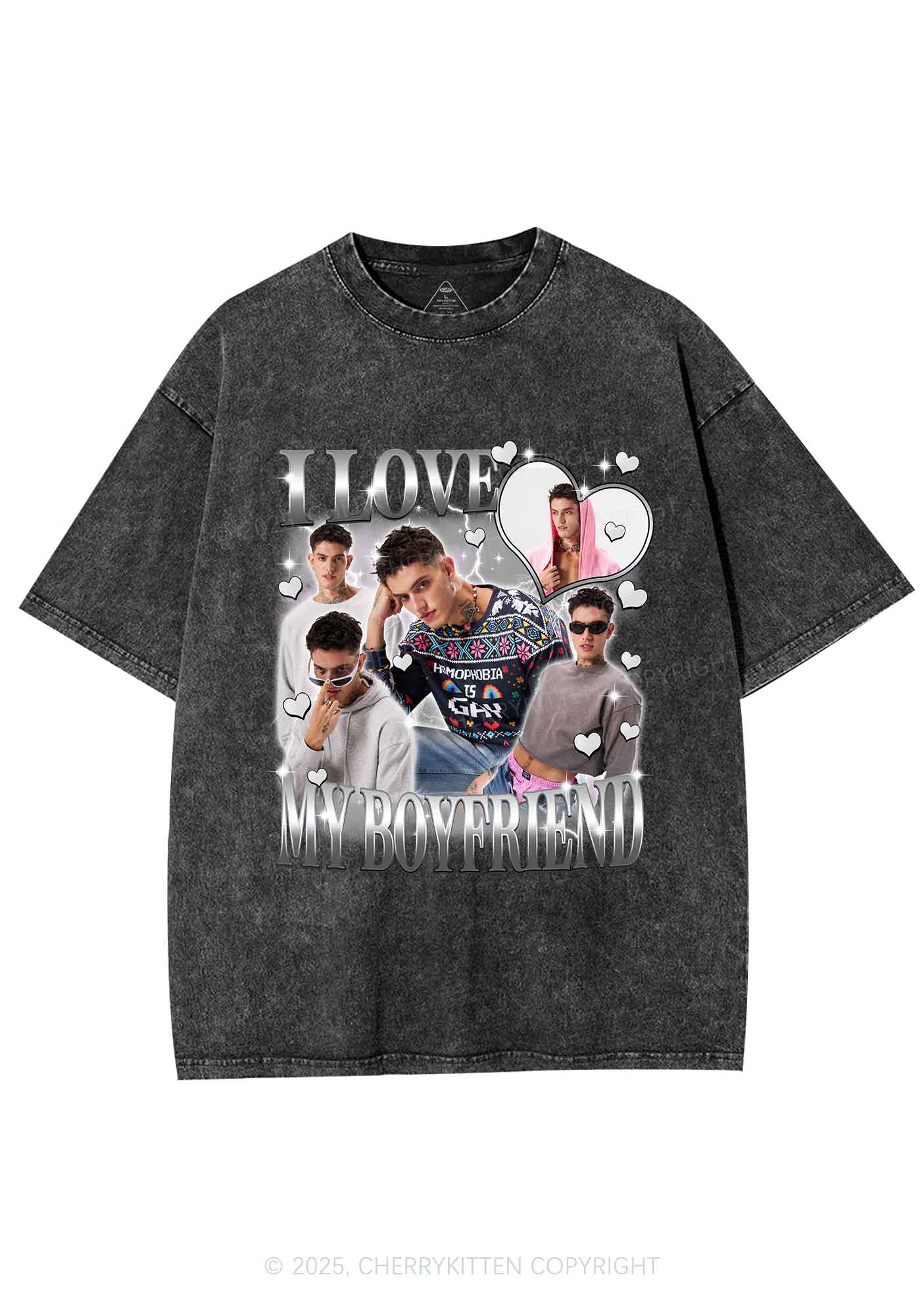 Custom Sparkly Heart I Love BF GF Y2K Shirts Washed Tee Cherrykitten - Image 3