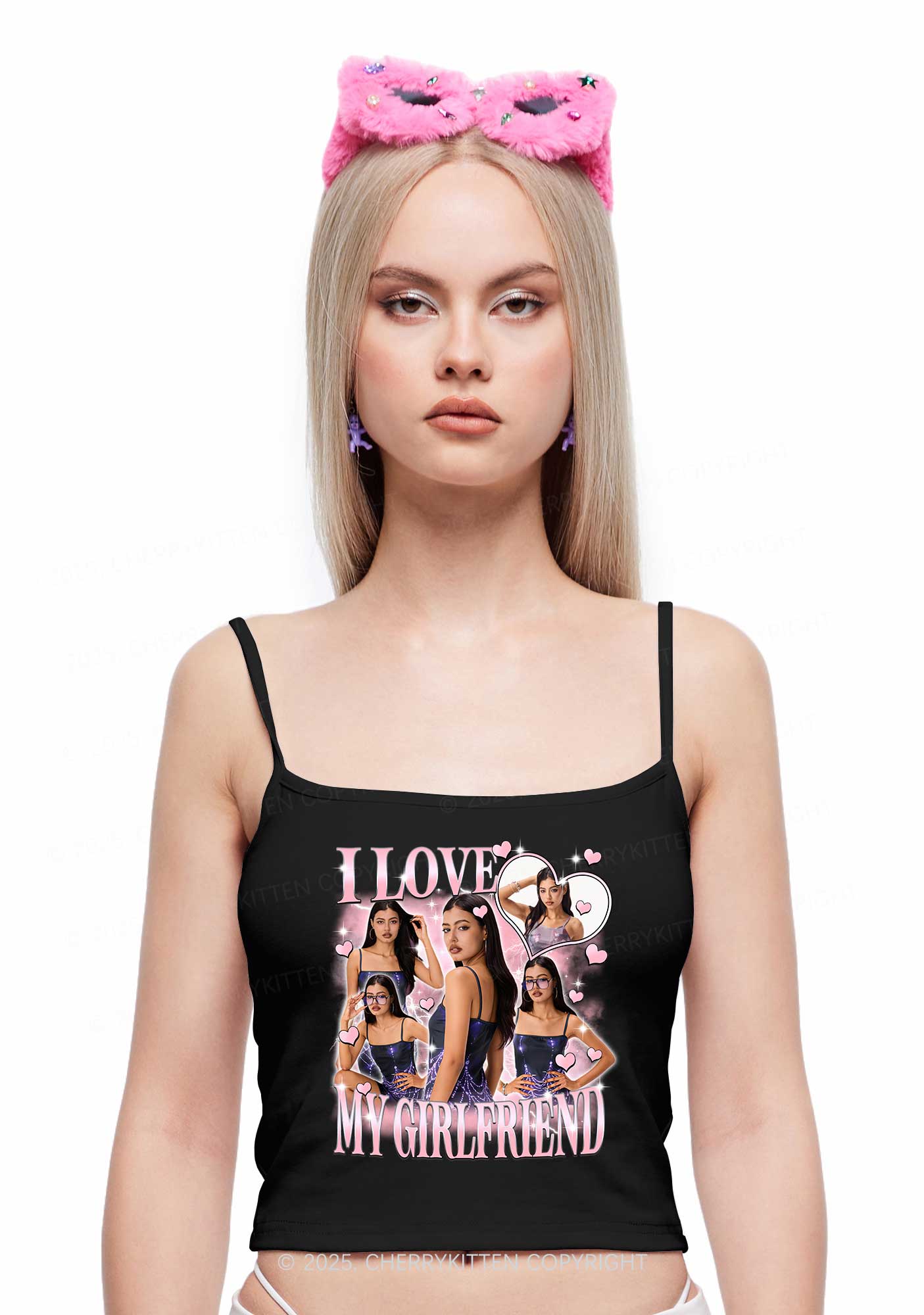 Custom Sparkly Heart I Love BF GF Y2K Spaghetti Strap Cami Cherrykitten - Image 3