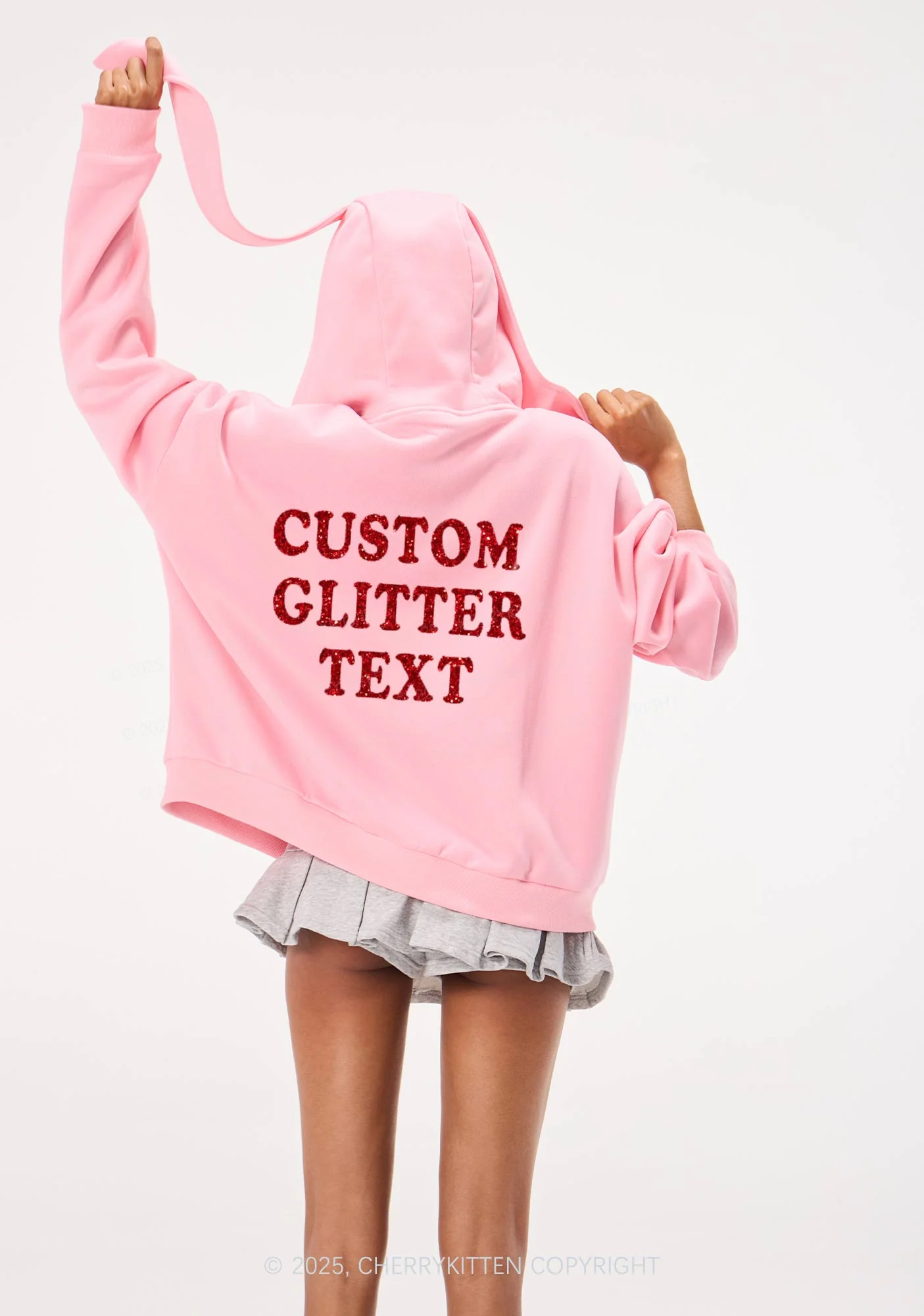 Custom Text Glitter Y2K Bunny Ear Zip Hoodie Cherrykitten - Image 6