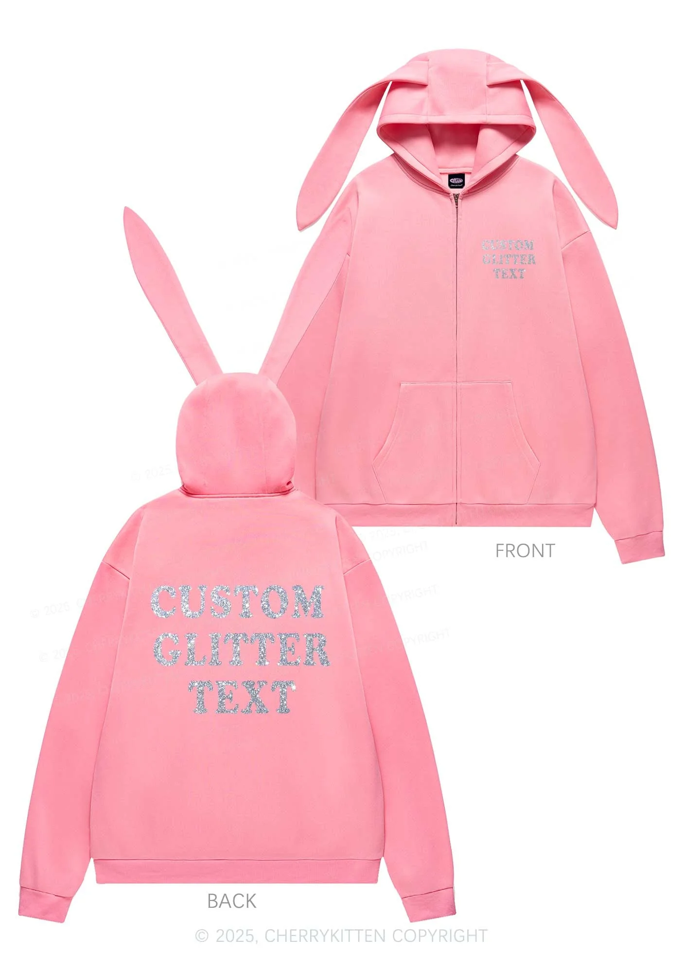 Custom Text Glitter Y2K Bunny Ear Zip Hoodie Cherrykitten - Image 7