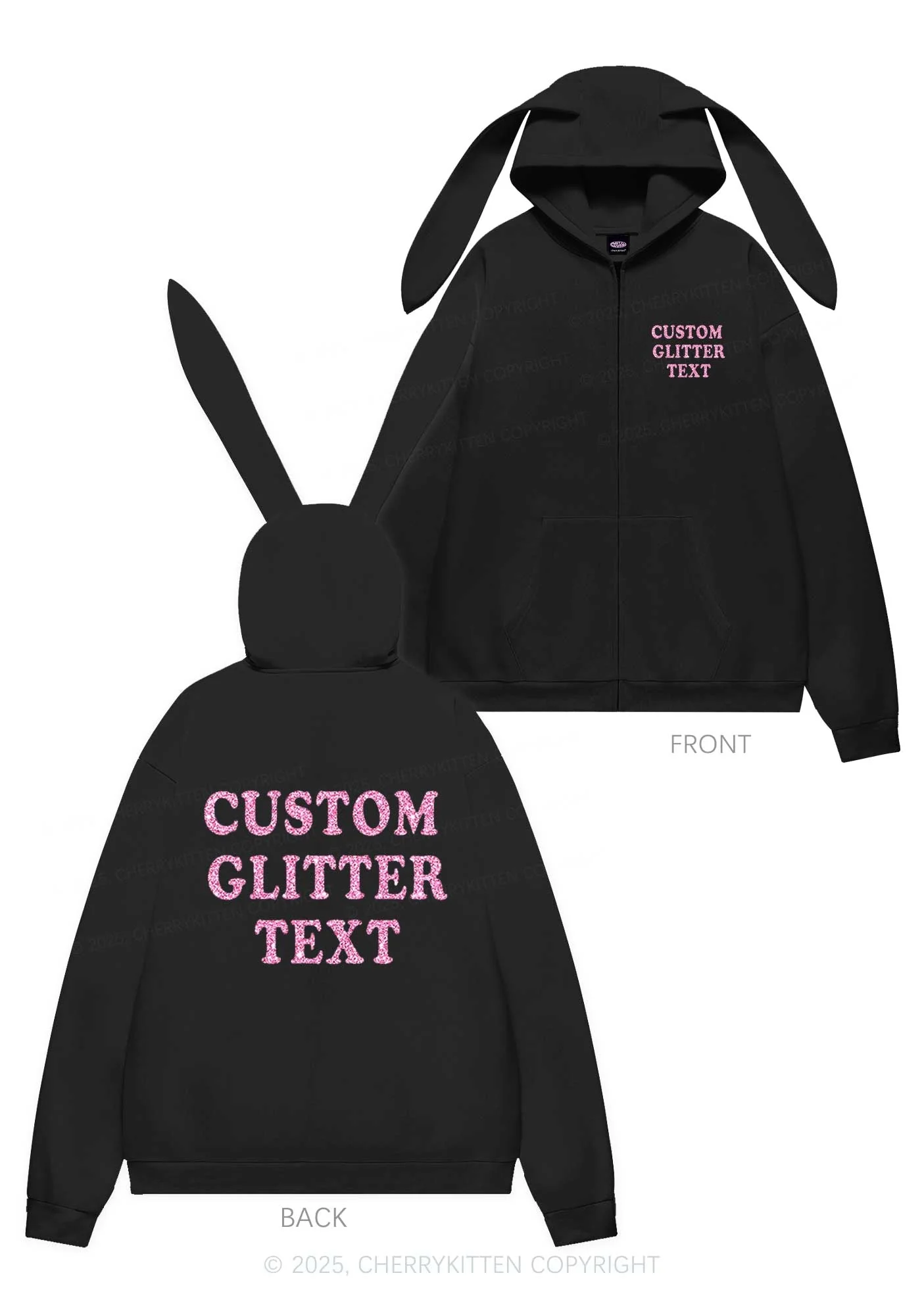 Custom Text Glitter Y2K Bunny Ear Zip Hoodie Cherrykitten - Image 8