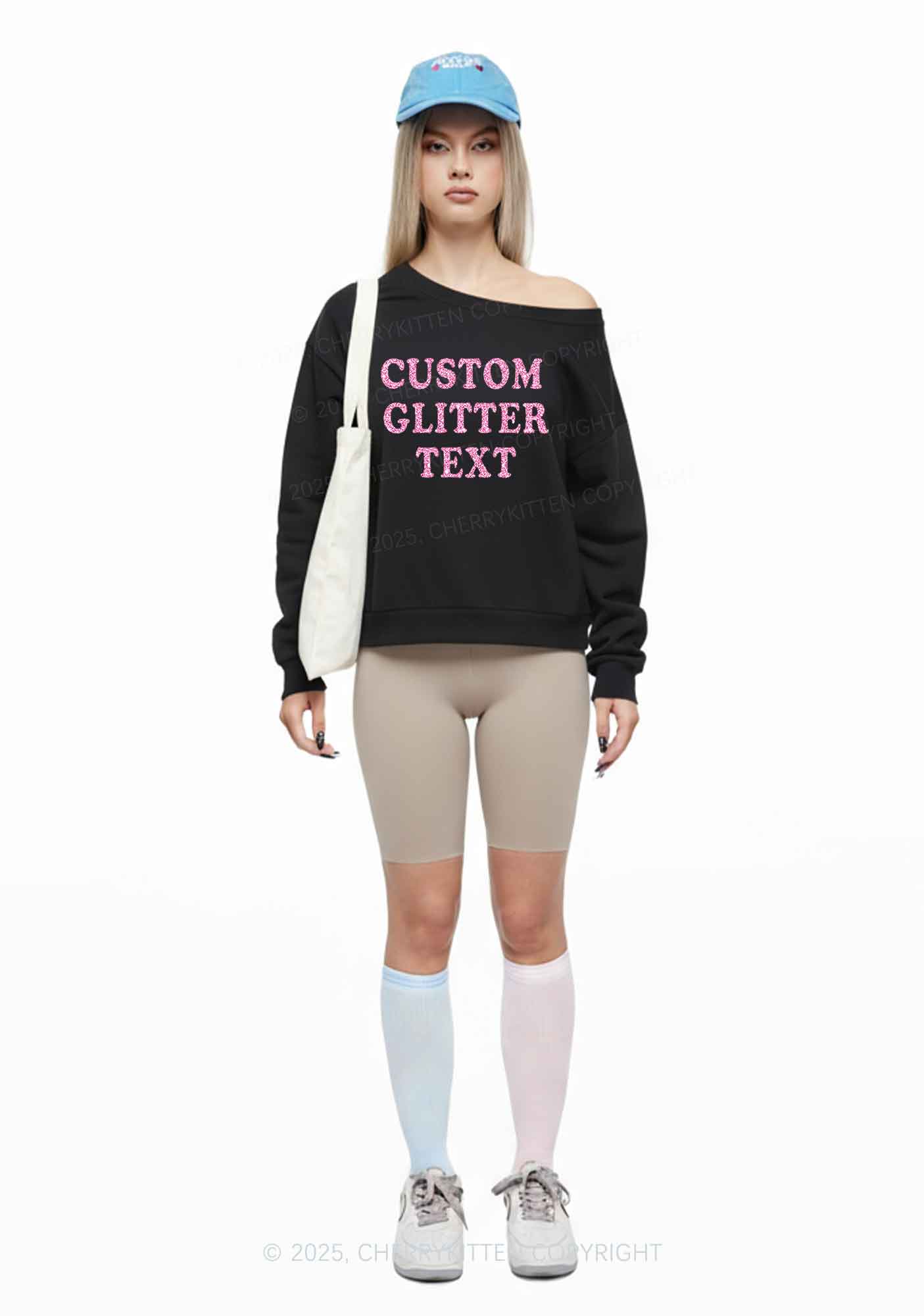 Custom Text Glitter Y2K Off Shoulder Sweatshirts Cherrykitten - Image 5