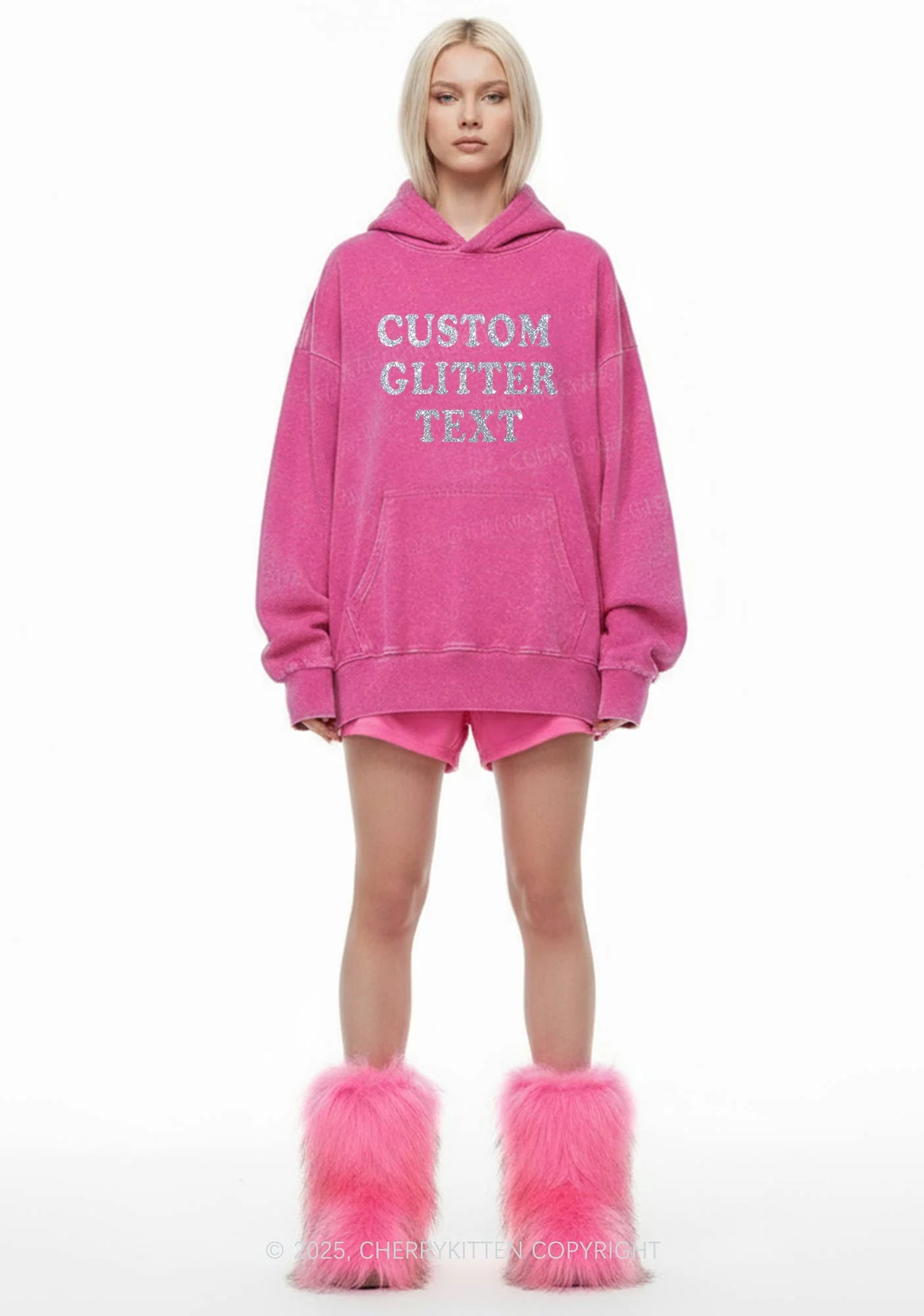 Custom Text Glitter Y2K Washed Hoodie Cherrykitten - Image 5