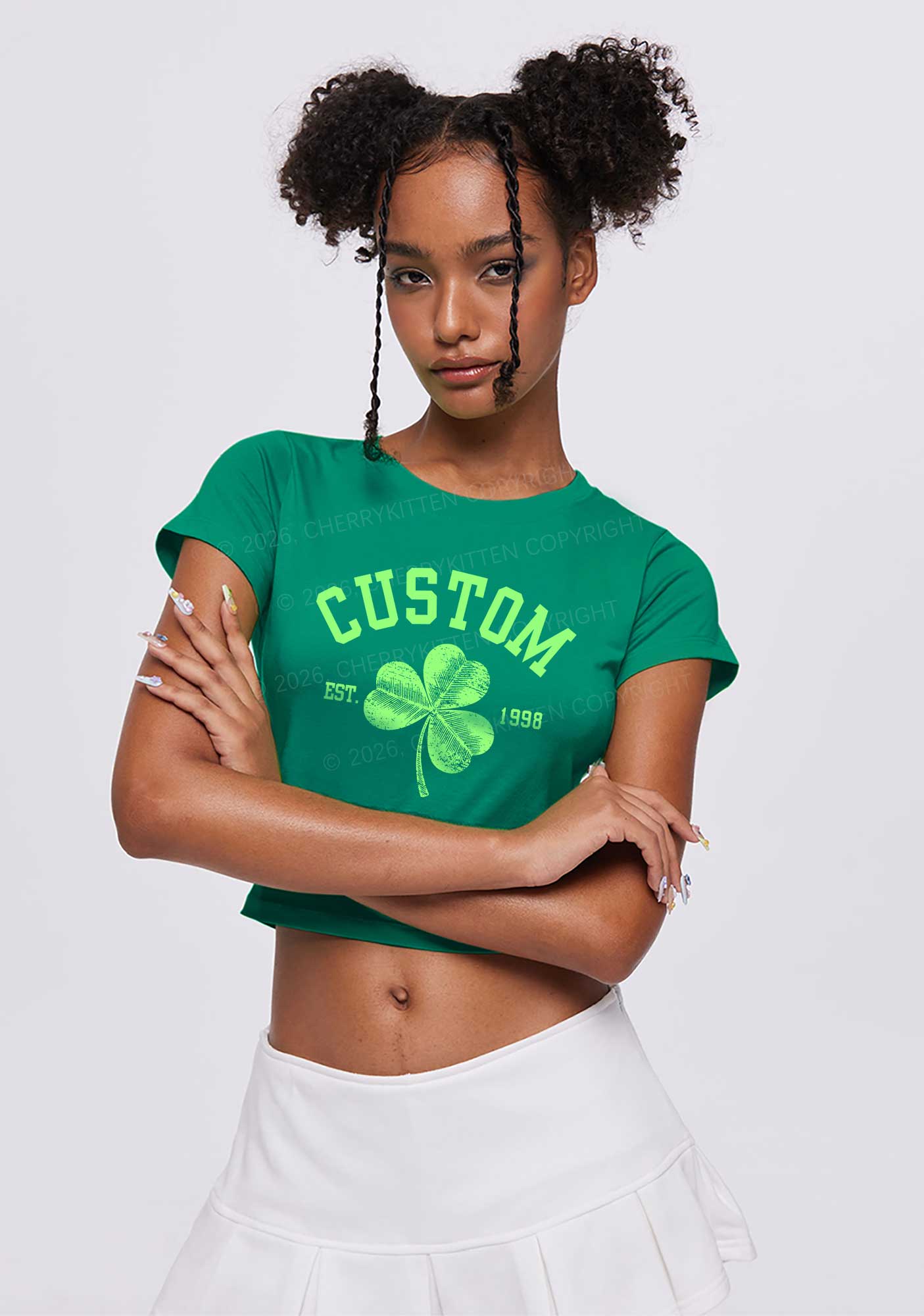 Custom Text Shamrock St Patricks Y2K Baby Tee Cherrykitten - Image 2