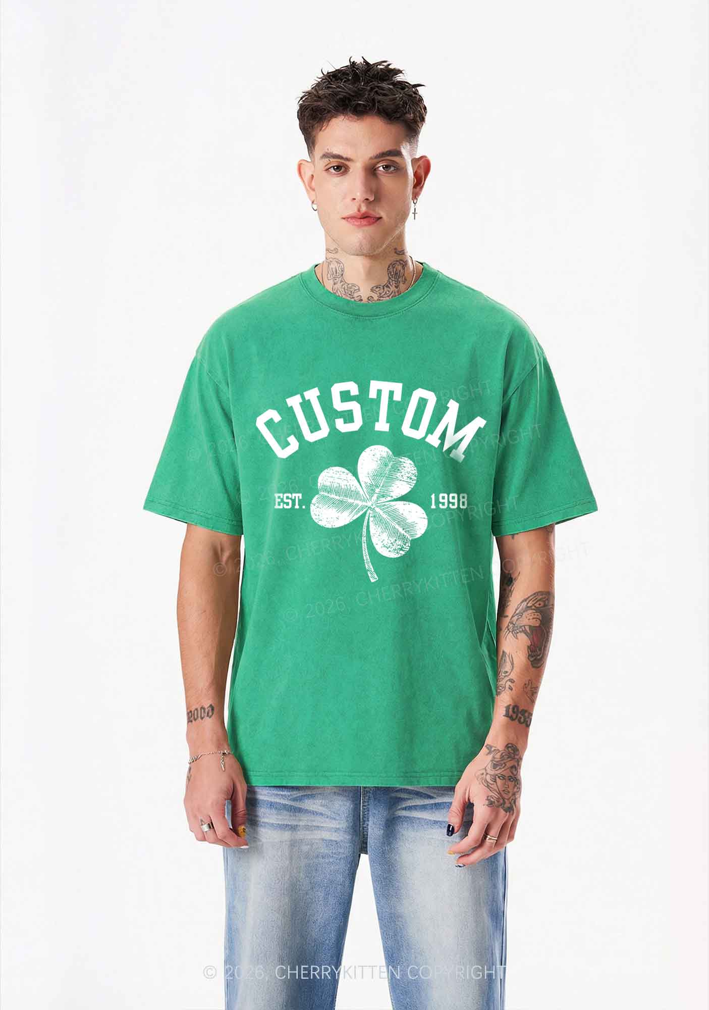 Custom Text Shamrock St Patricks Y2K Shirts Washed Tee Cherrykitten - Image 2