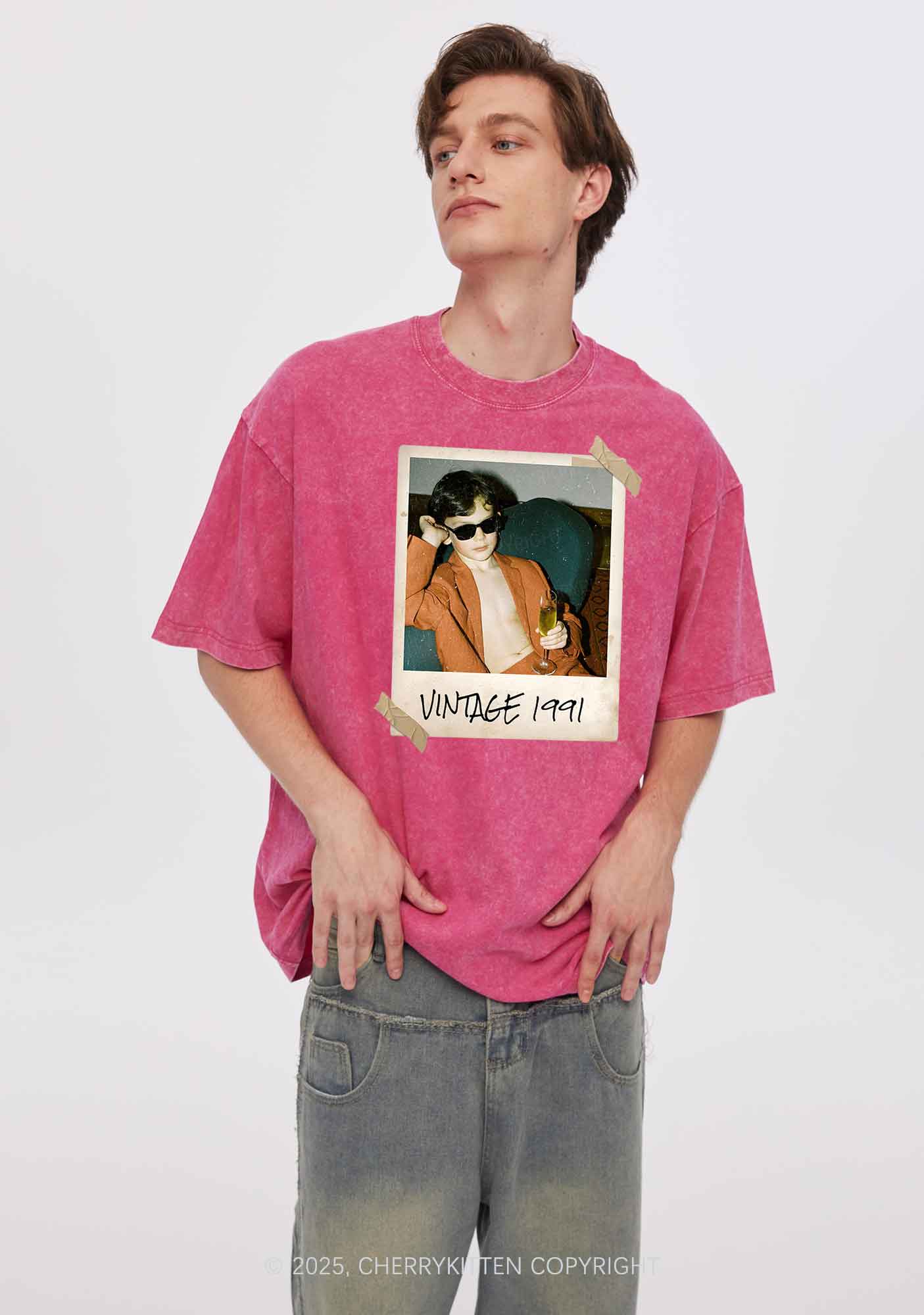 Custom Vintage Photo And Year Y2K Washed Tee Cherrykitten - Image 2
