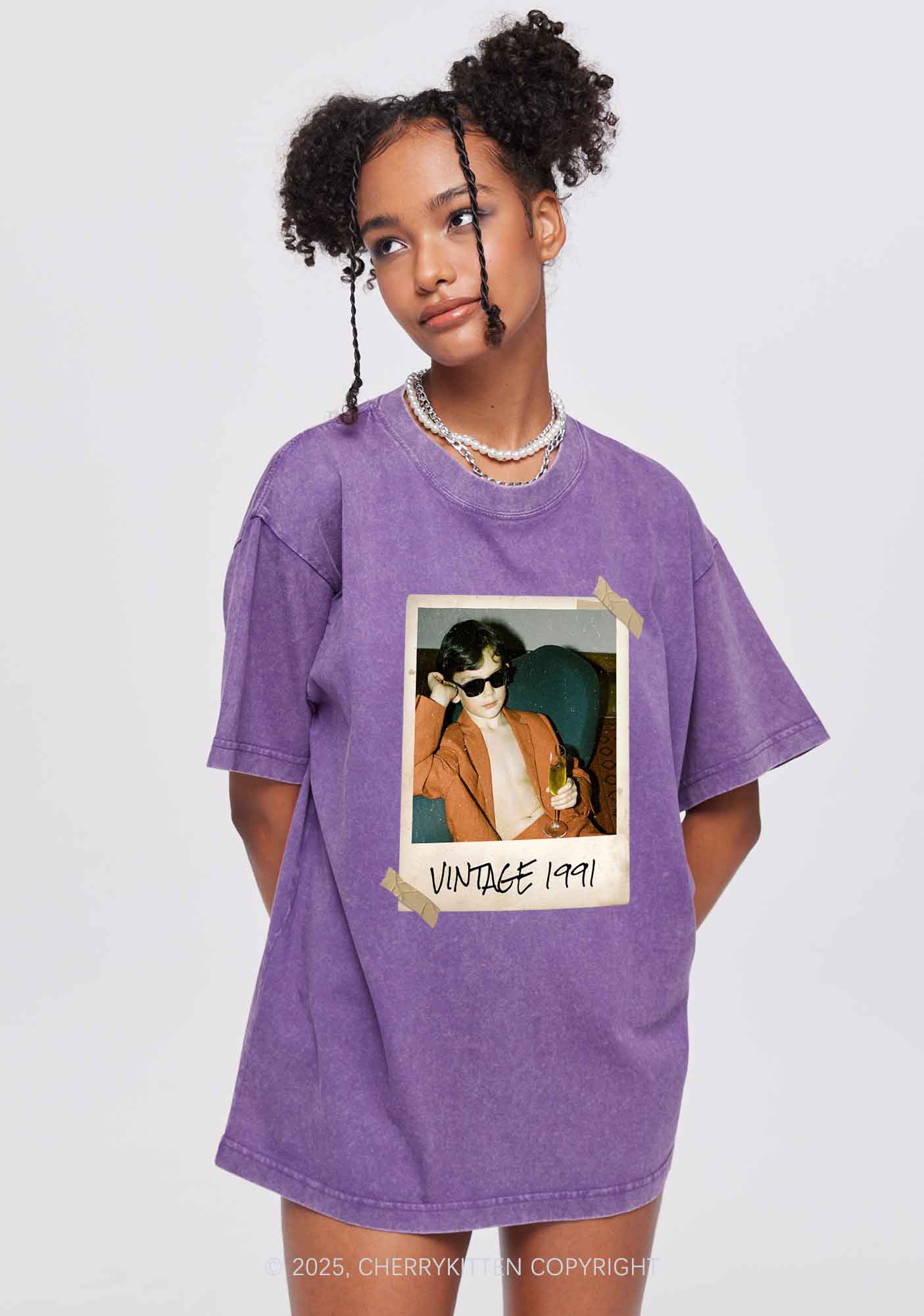 Custom Vintage Photo And Year Y2K Washed Tee Cherrykitten - Image 3