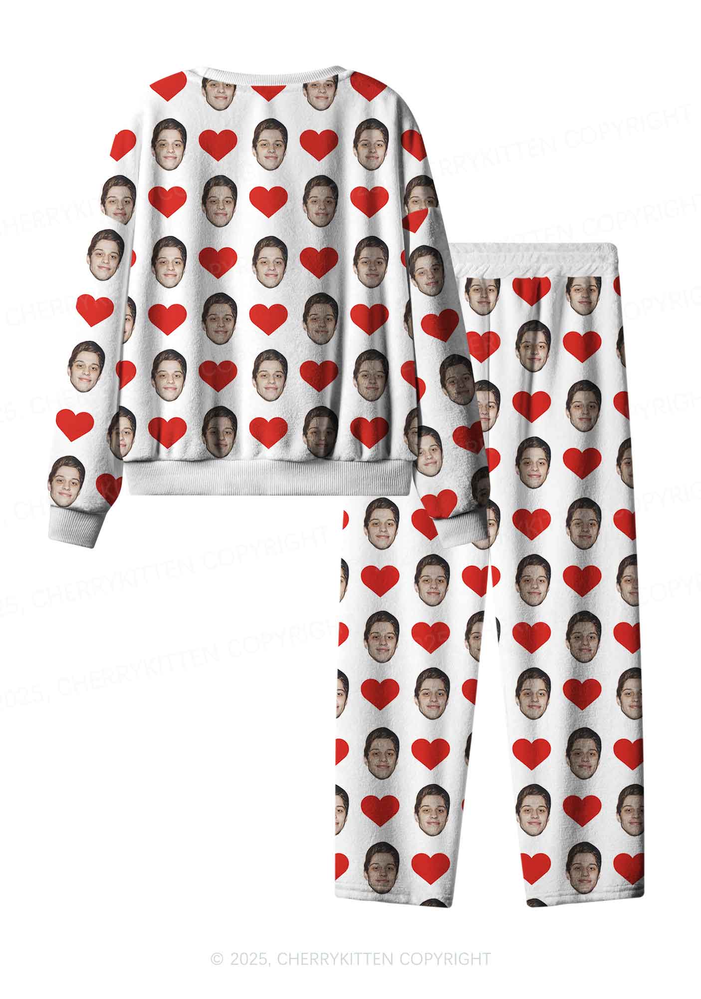 Custom White Hearts Photo Y2K Valentine's Day Y2K Fleece Long Sleeve Pajama Set Cherrykitten - Image 3