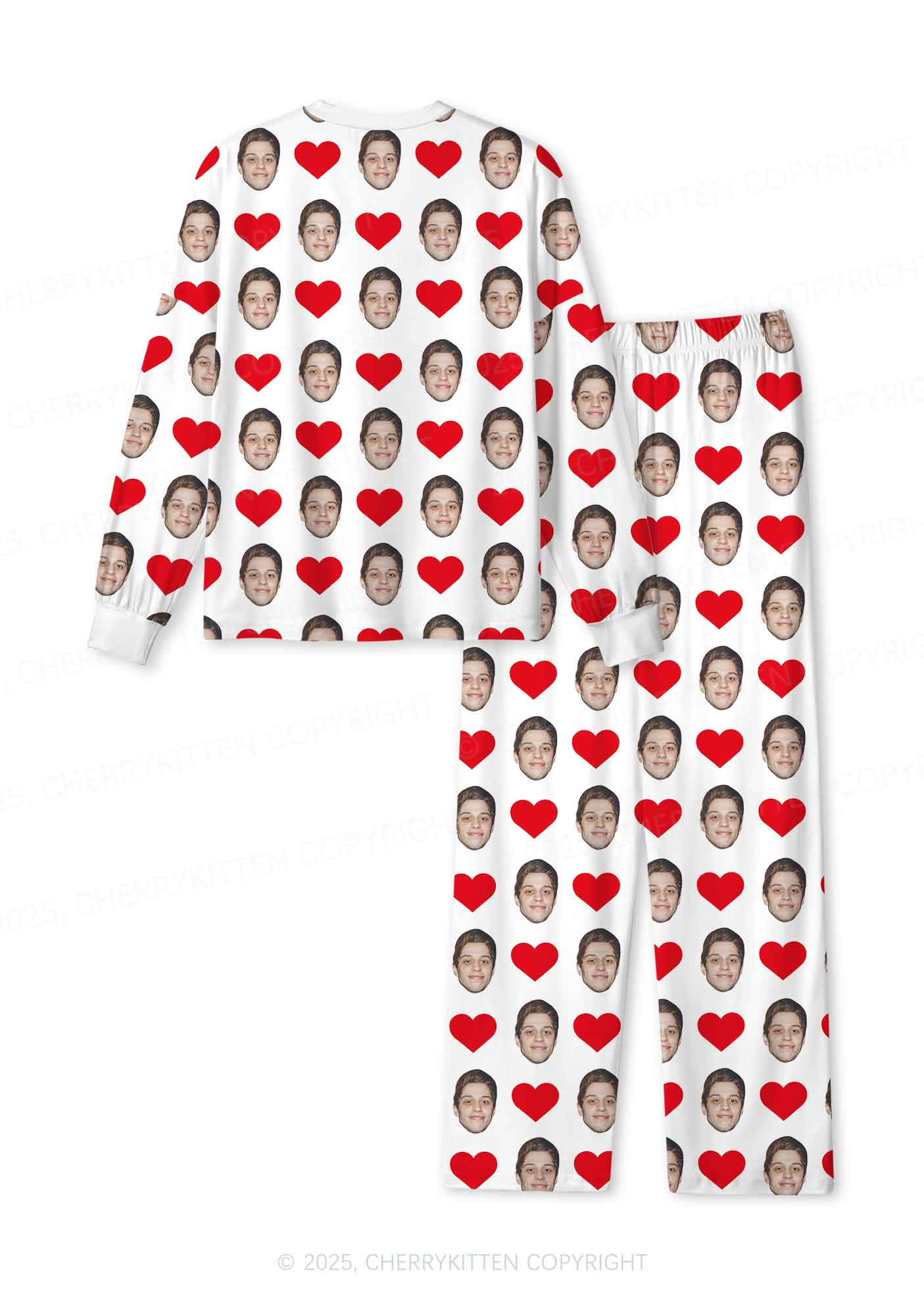 Custom White Hearts Photo Y2K Valentine's Day Y2K Print Long Sleeve Pajama Set Cherrykitten - Image 3