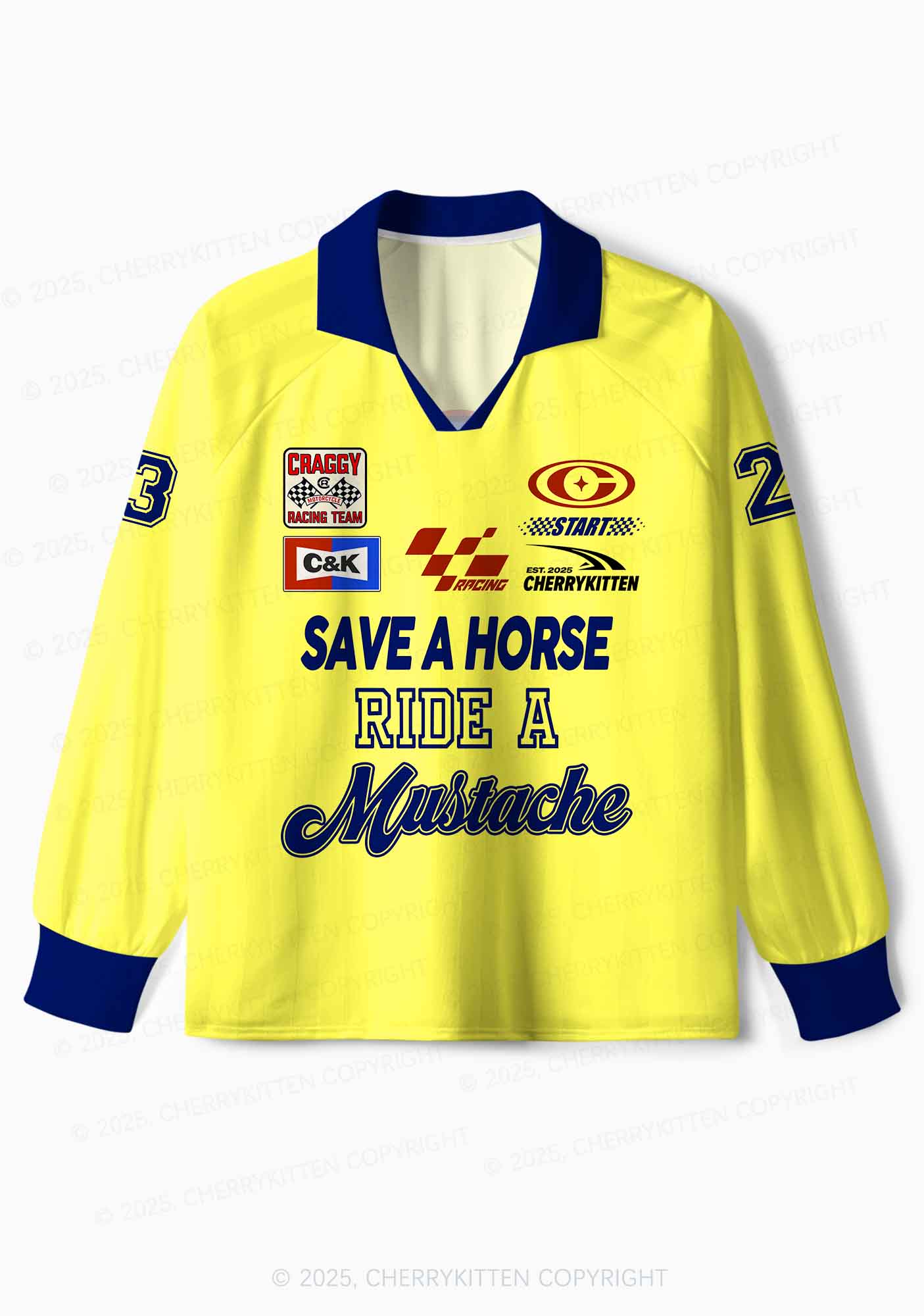 Custom Yellow Ride A Mustache Y2K Sport Long Sleeve Jersey Shirts Cherrykitten - Image 2