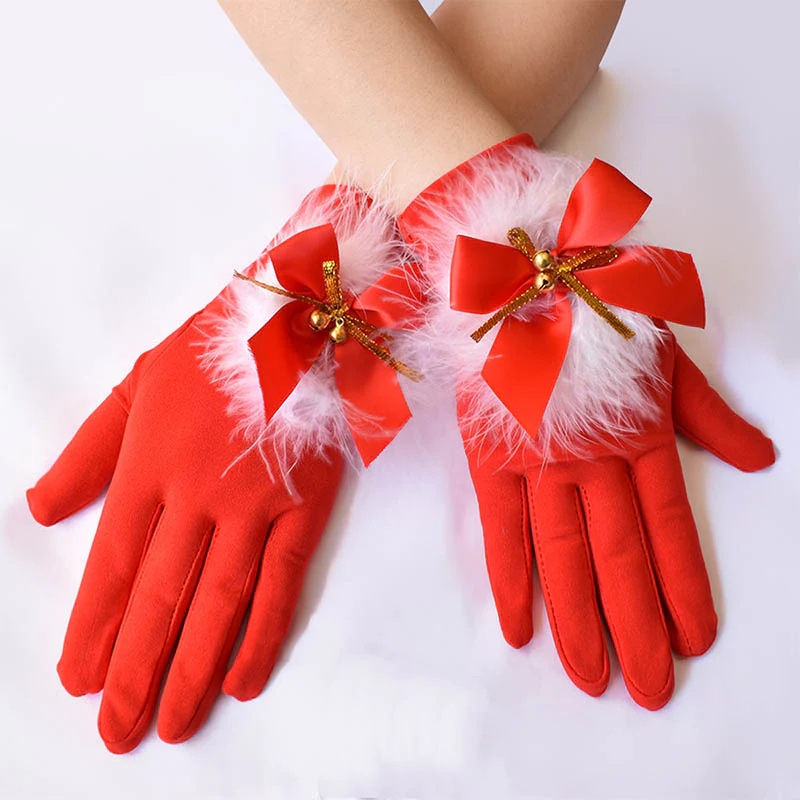 Cute Feather Bells Y2K Christmas Short Red Gloves - Image 2