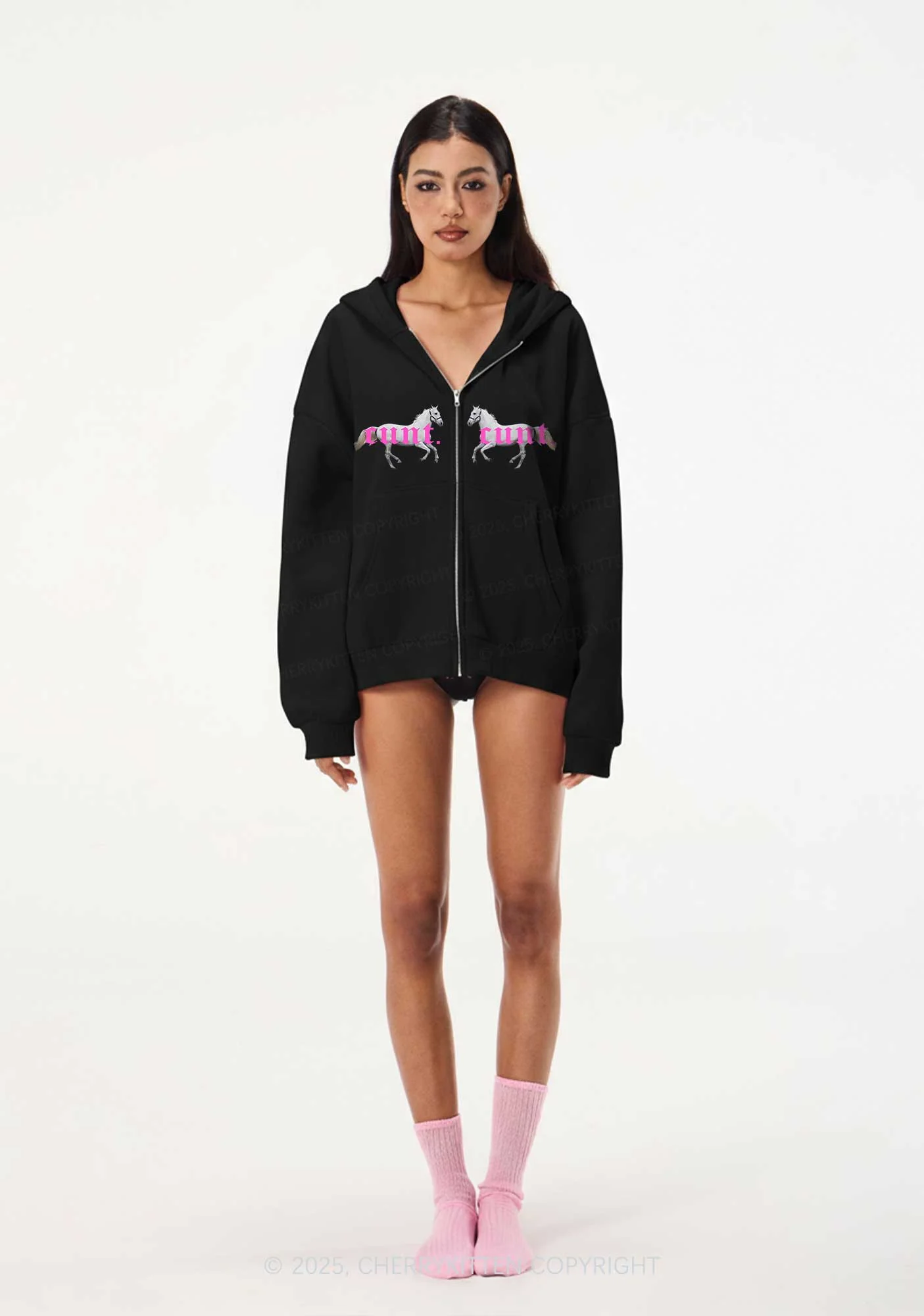 Cxxt Horse Y2K Bunny Ear Zip Hoodie Cherrykitten - Image 2
