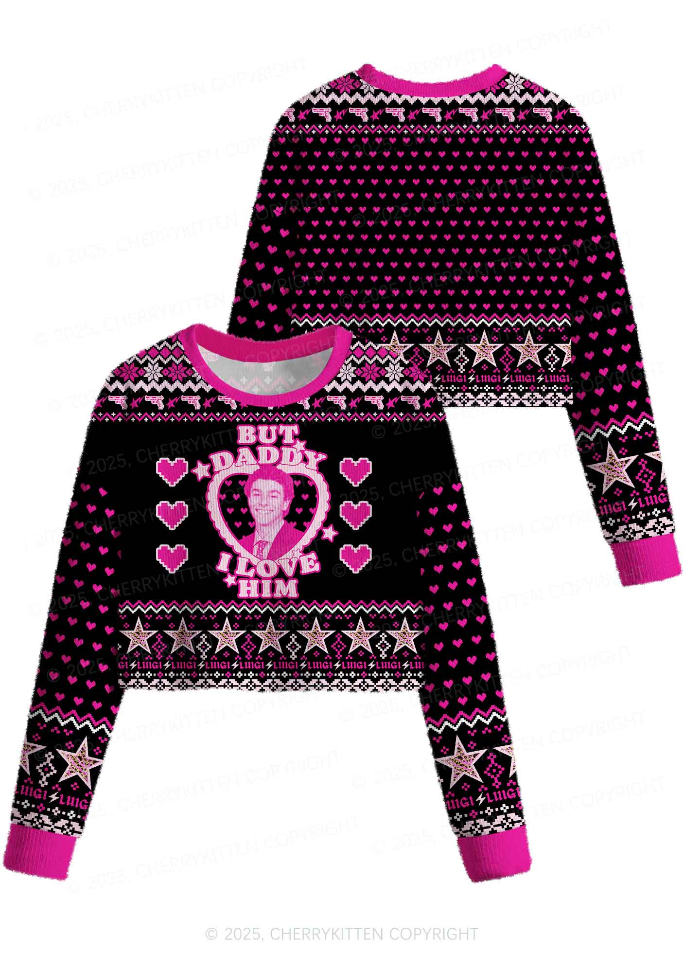 Daddy I Love Him Luigi Y2K Christmas Crop Knit Sweatshirt Cherrykitten - Image 3