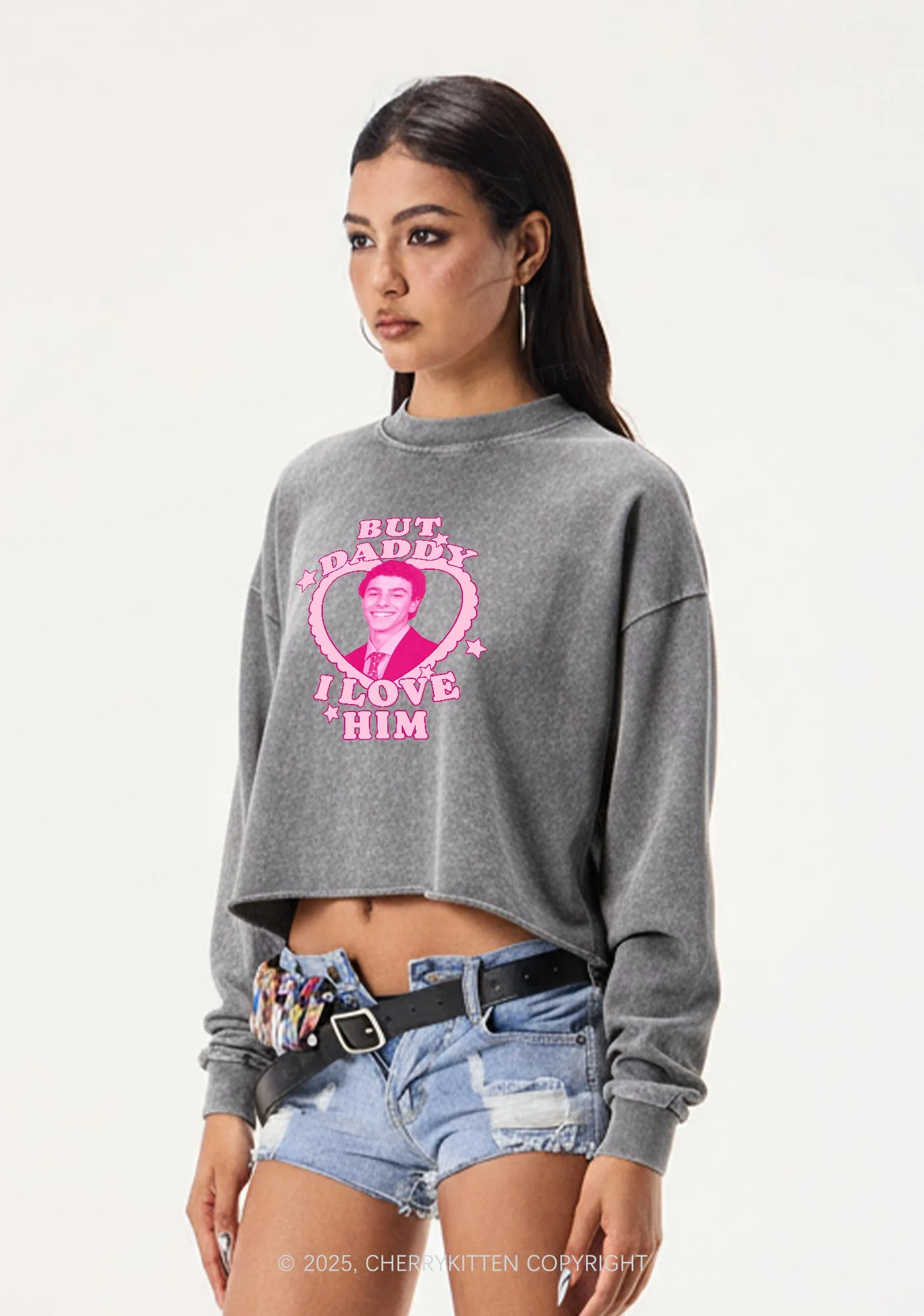 Daddy I Love Him Luigi Y2K Crop Washed Sweatshirts Cherrykitten - Image 2