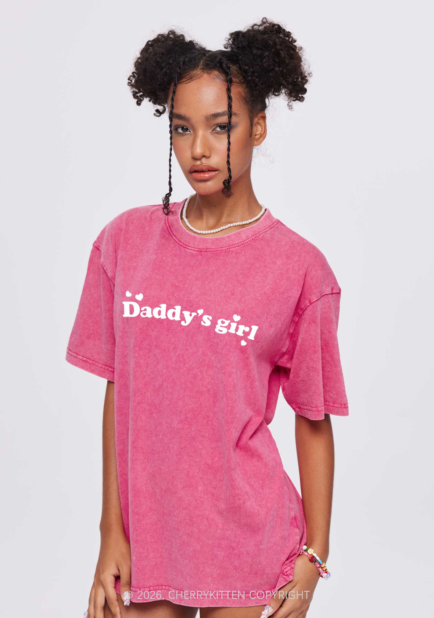 Daddys Girl Valentine's Day Y2K Shirts Washed Tee Cherrykitten - Image 2