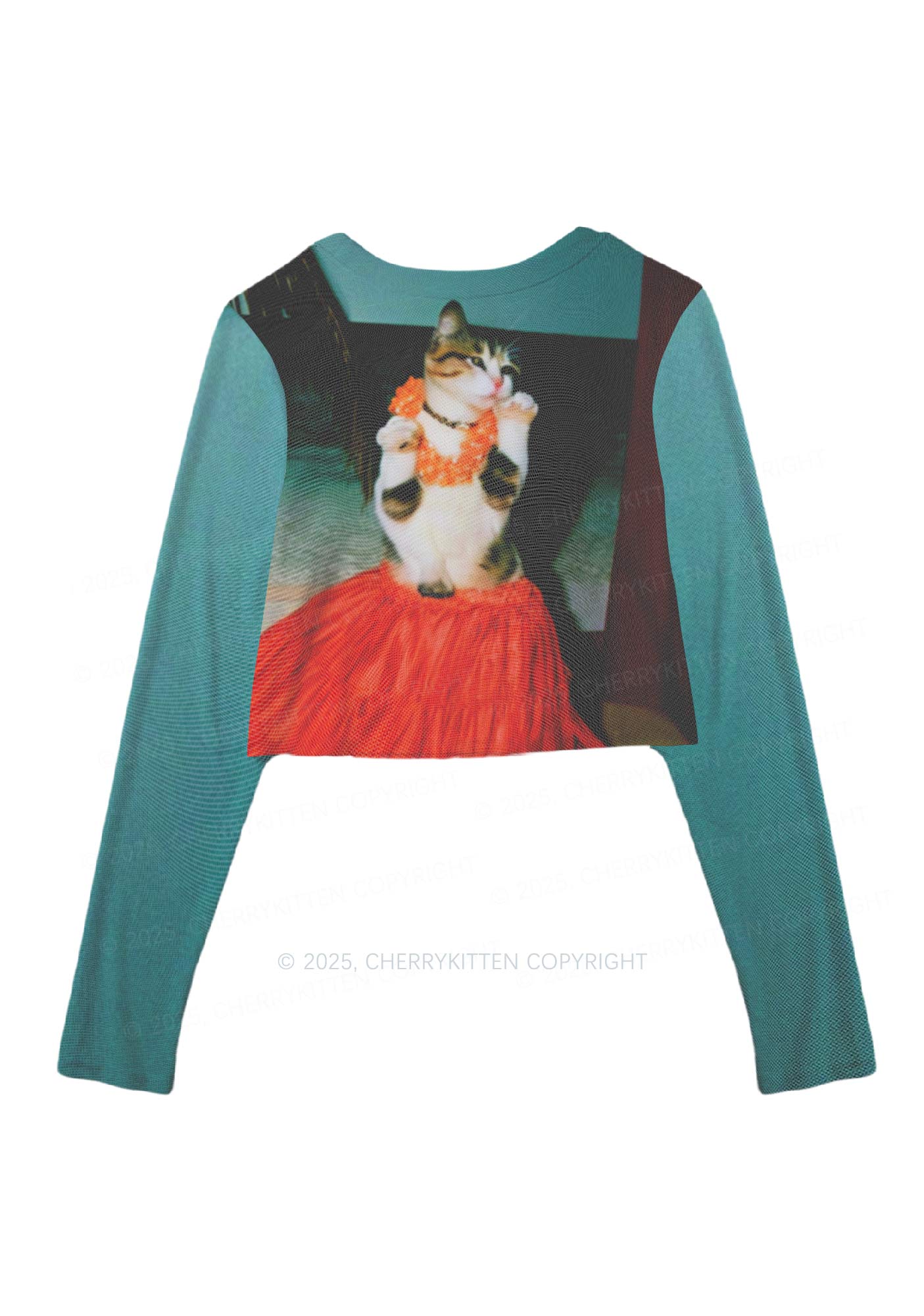 Dancing Cat Y2K Mesh Long Sleeve Crop Top Cherrykitten - Image 3