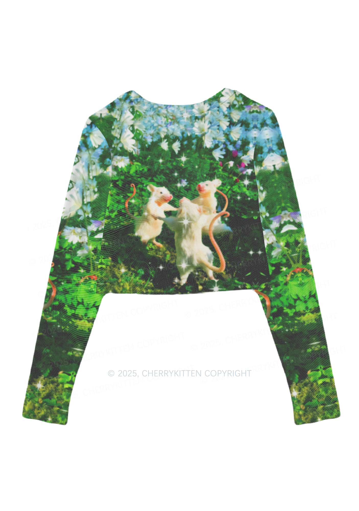 Dancing Rat Y2K Mesh Long Sleeve Crop Top Cherrykitten Art by OhStuffinell Taxidermy - Image 3