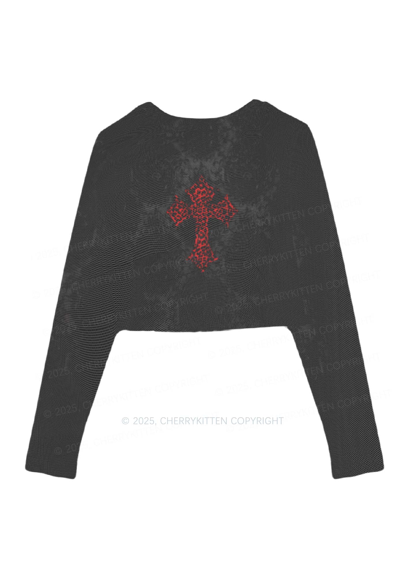 Dark Leopard Cross Y2K Mesh Long Sleeve Crop Top Cherrykitten - Image 3