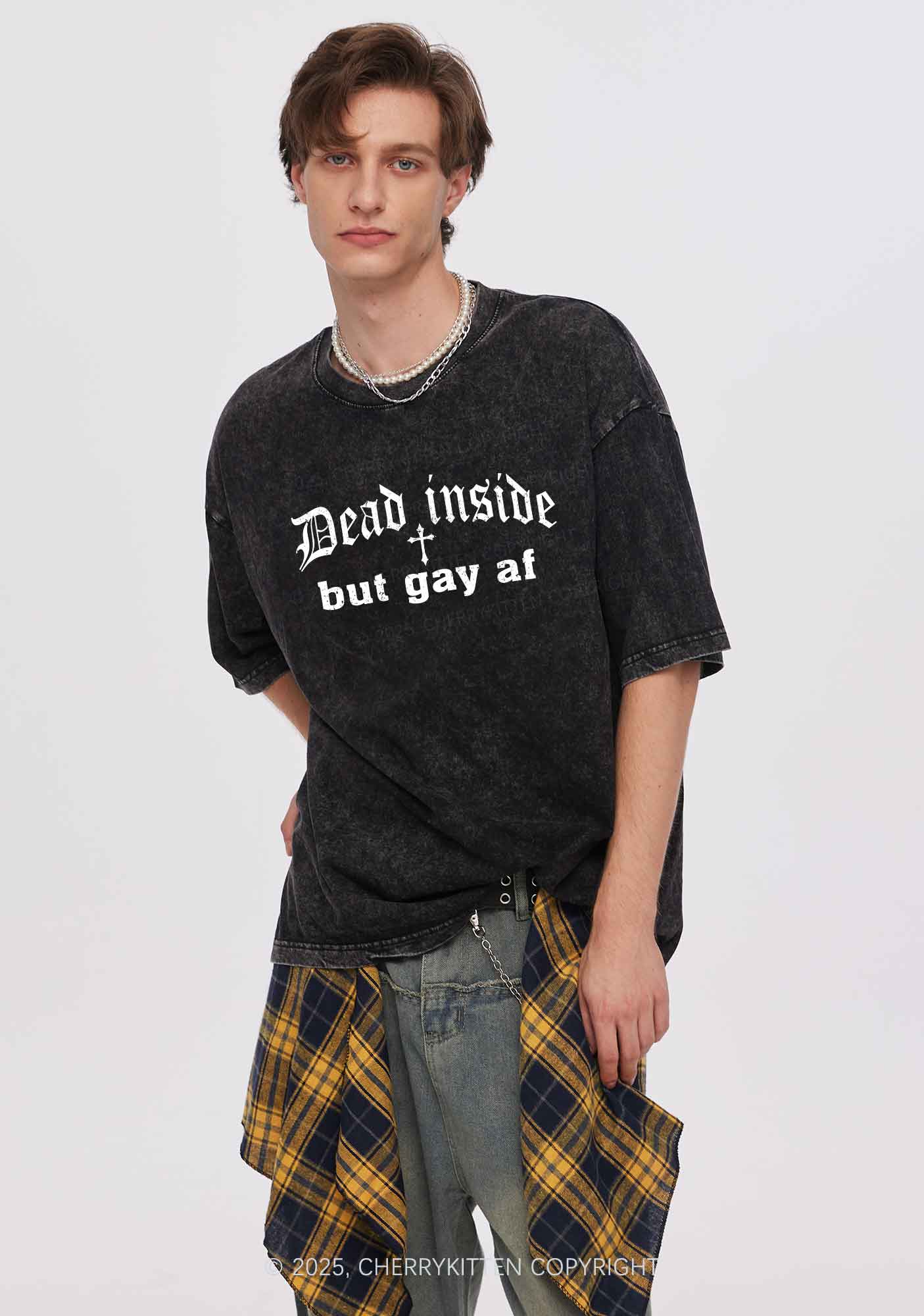 Dead Inside But Gay AF Pride Y2K Shirts Washed Tee Cherrykitten - Image 2