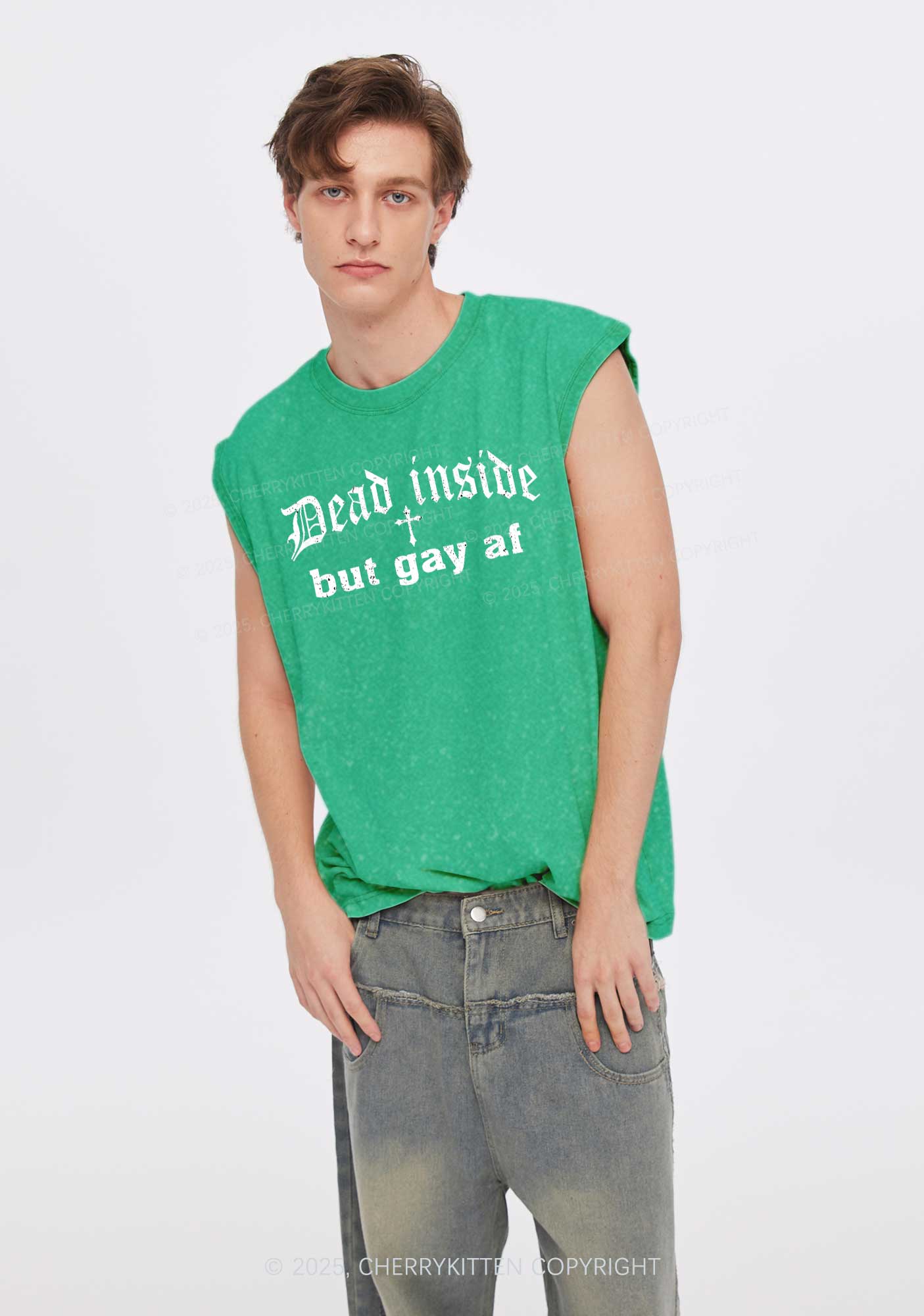 Dead Inside But Gay AF Pride Y2K Washed Muscle Tank Cherrykitten - Image 2