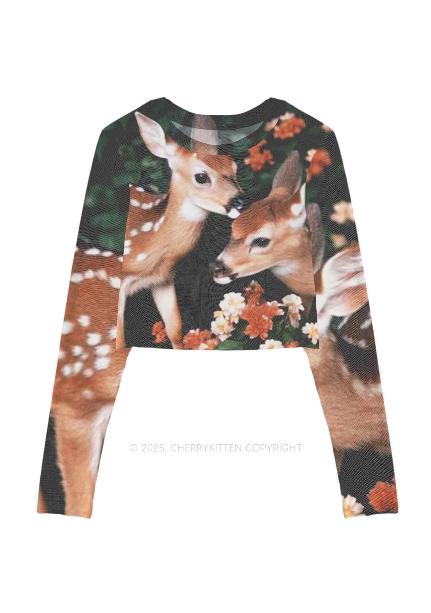 Deer Flowers Y2K Mesh Long Sleeve Crop Top Cherrykitten - Image 3
